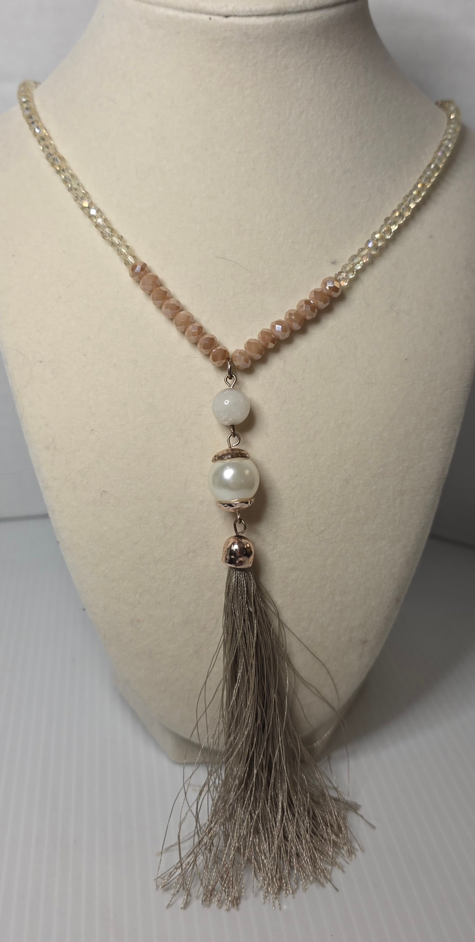 Extra Long Tassel Necklace Blush Crystal Beads Rose Tone Magnetic Metal (1 of 6)