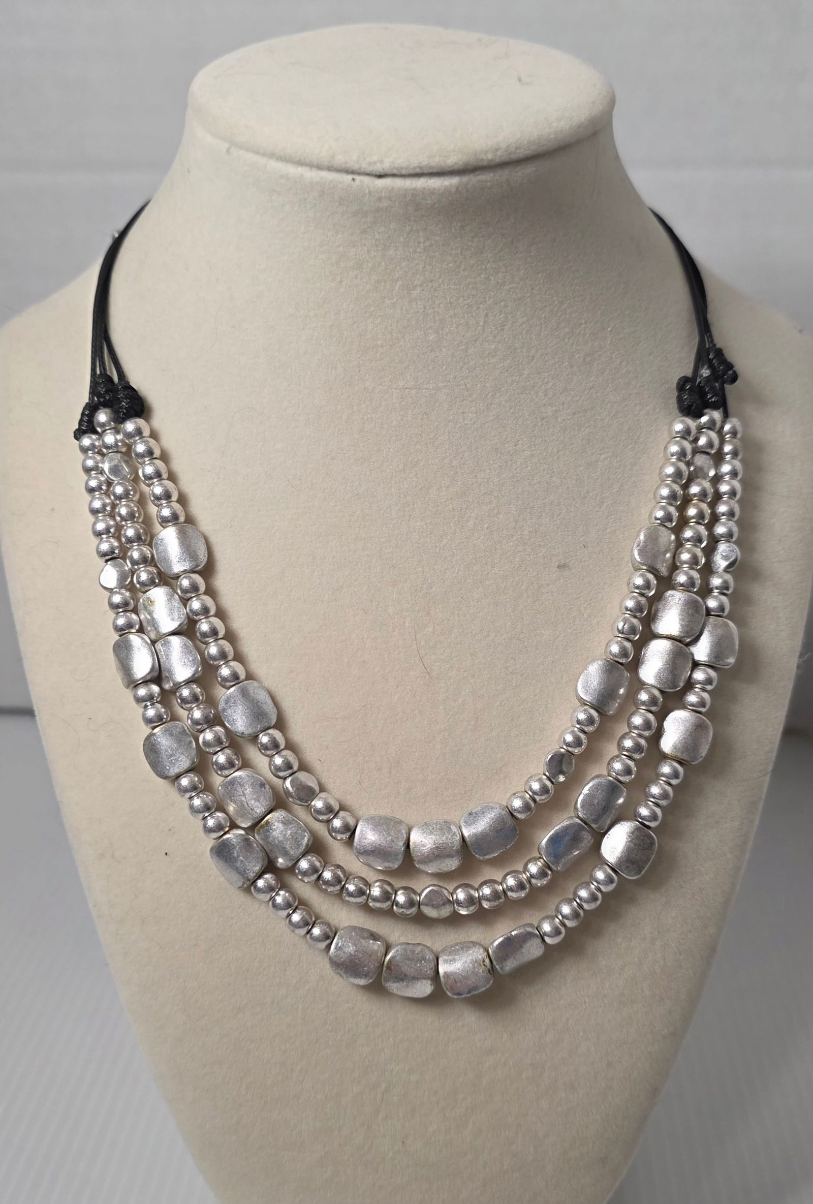 Multi Strand Silver Tone Beaded Necklace Magnetic Clasp (1 of 7)