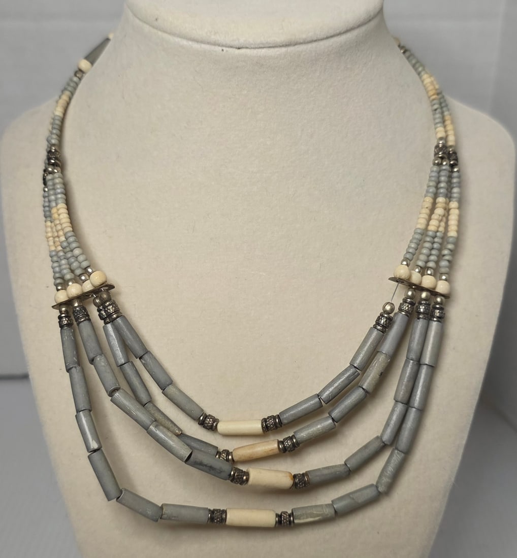 Vintage Multi Strand Beaded Necklace Gray Cream Tones (1 of 5)