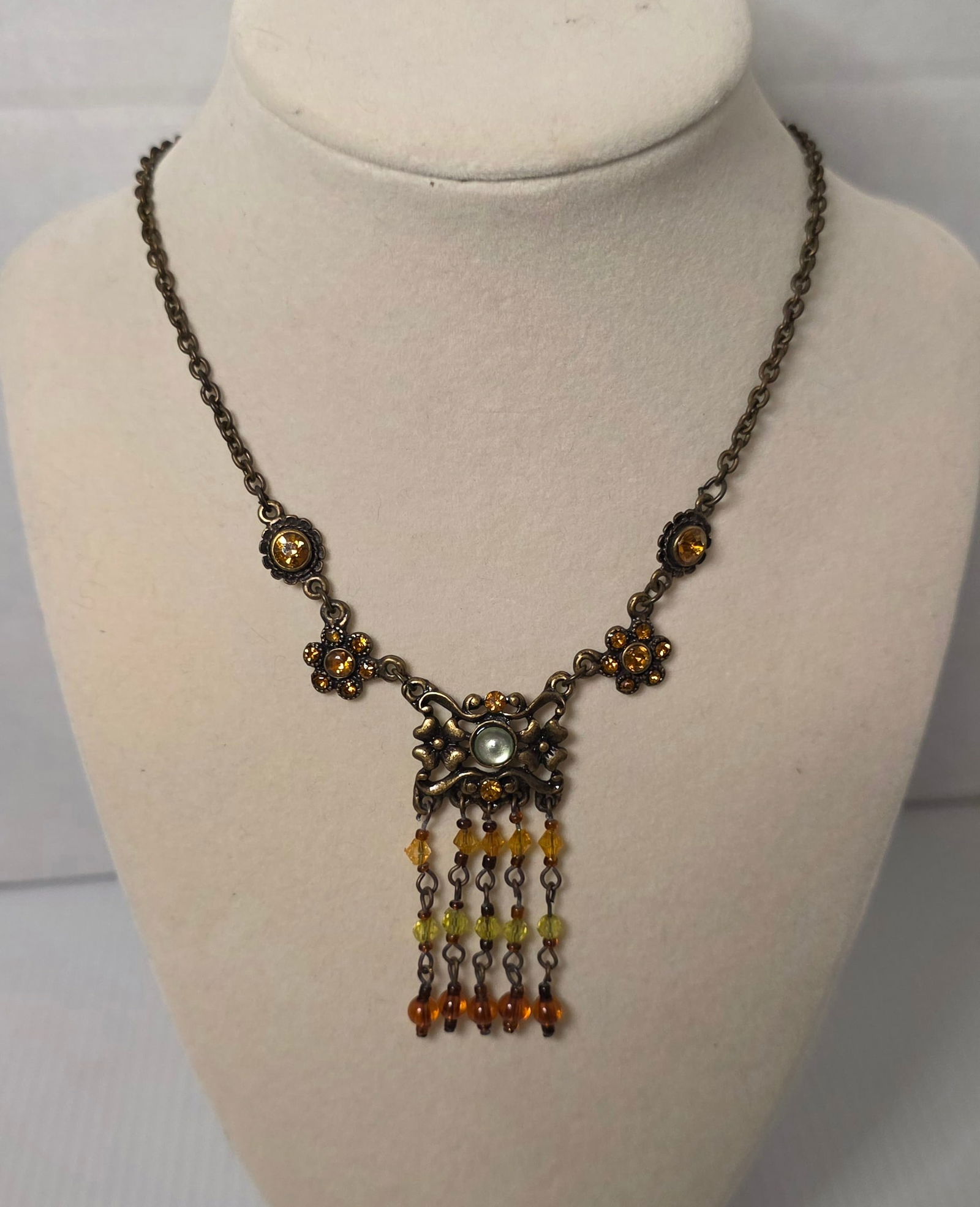 Vintage Antiqued Tone Rhinestone Fringe Necklace (1 of 6)