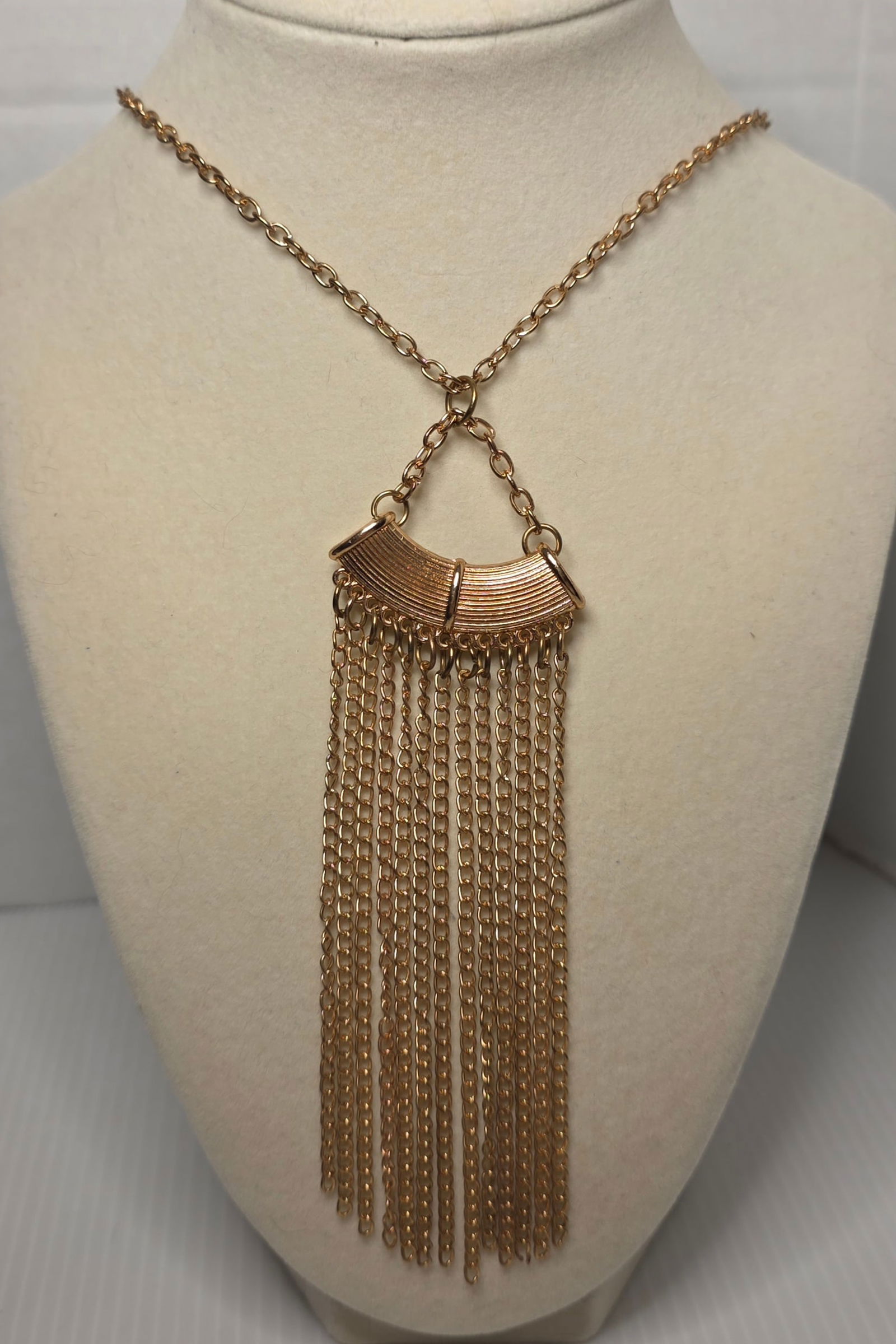 Gold Tone Fringe Tassel Statement Necklace Long Chain (1 of 7)
