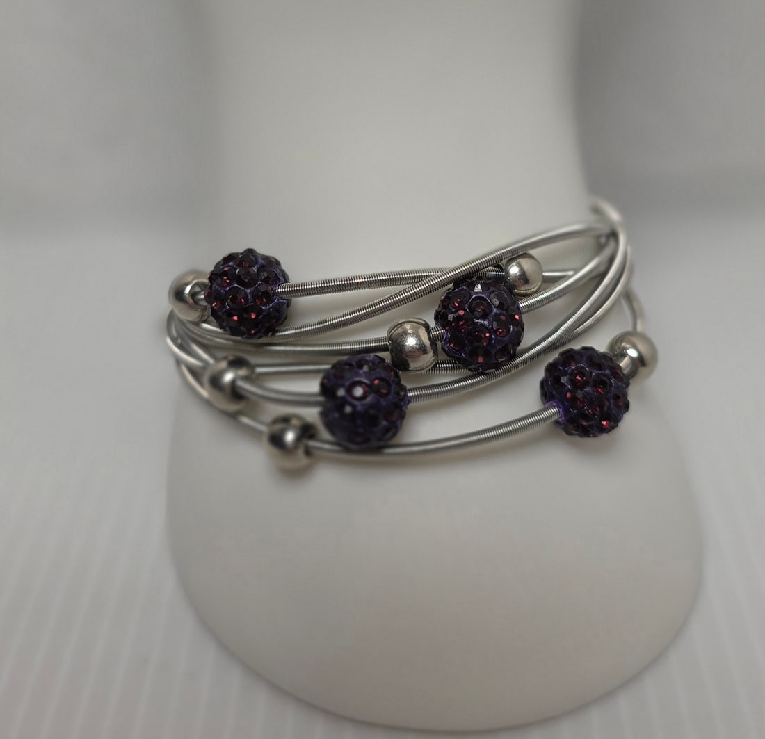 Silver Tone Multi Strand Magnetic Bracelet Purple Crystal Beads (1 of 6)