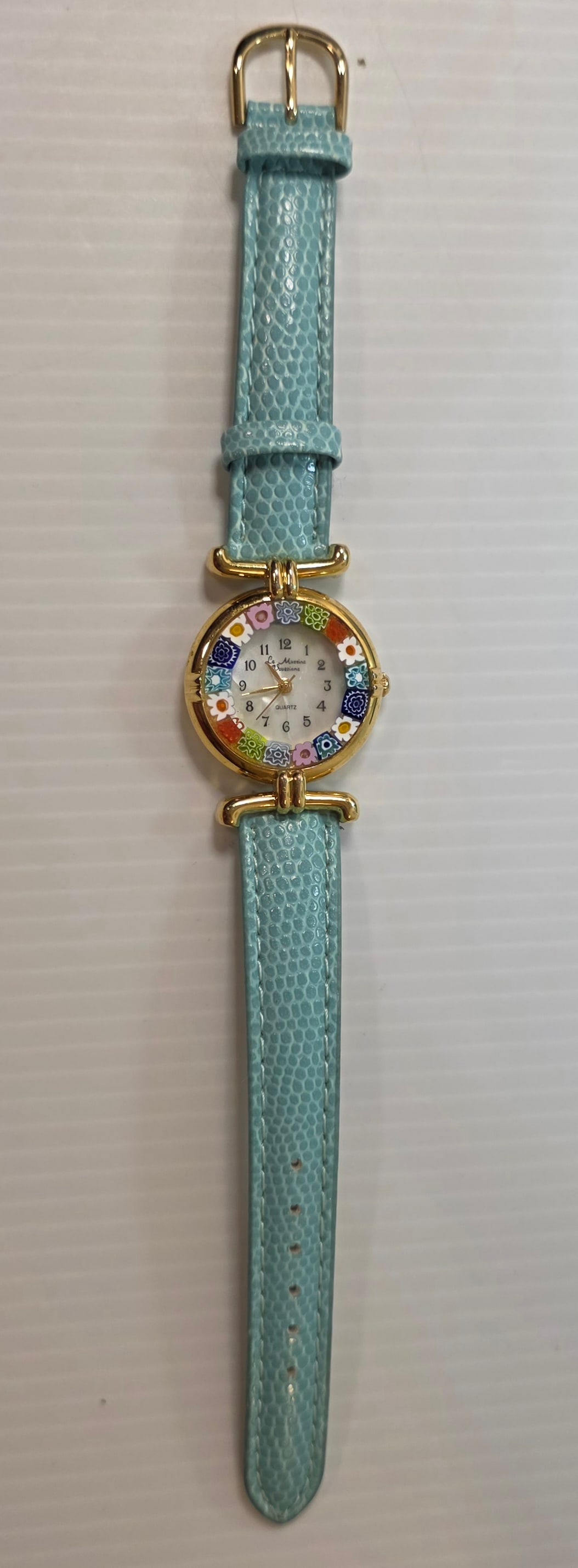 Murano Glass Womens Quartz Watch Gold Tone Blue Strap (1 of 6)
