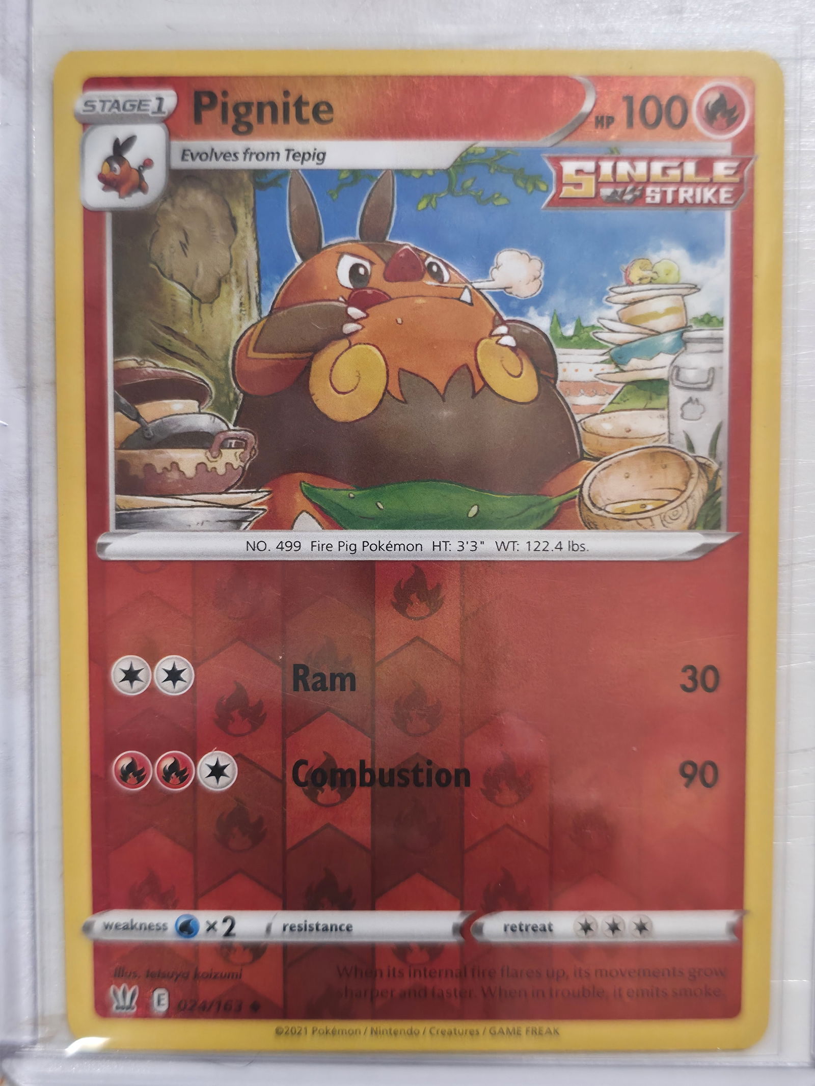 2021 Pokemon Battle Styles Pignite 024/163 Single Strike Reverse Holo Rare: Pignite Stage 1 Fire Pokemon, evolves from Tepig. Sword & Shield Battle Styles set. Card number 024/163. Single Strike designation. Reverse holographic rare. Illustrated by katsuya koizumi. 2021 Pokem