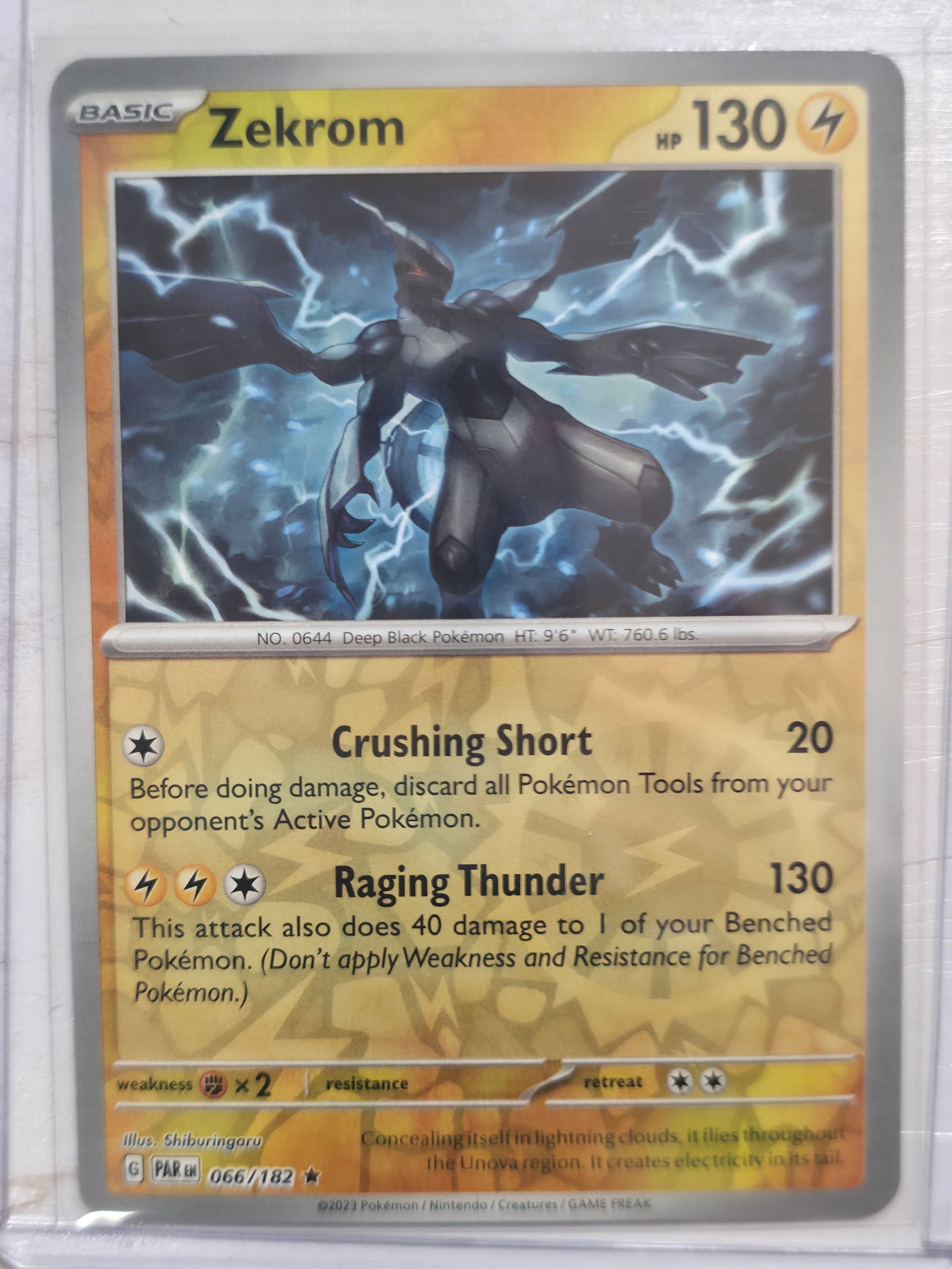 2023 Zekrom Paradox Rift 066/182 Rare: Zekrom Basic Lightning Pokemon. Paradox Rift set. Card number 066/182. Rare non holo. Illustrated by Shiburingaru. 2023 Pokemon Nintendo Creatures GAME FREAK. Preowned card stored in penny sleeve and