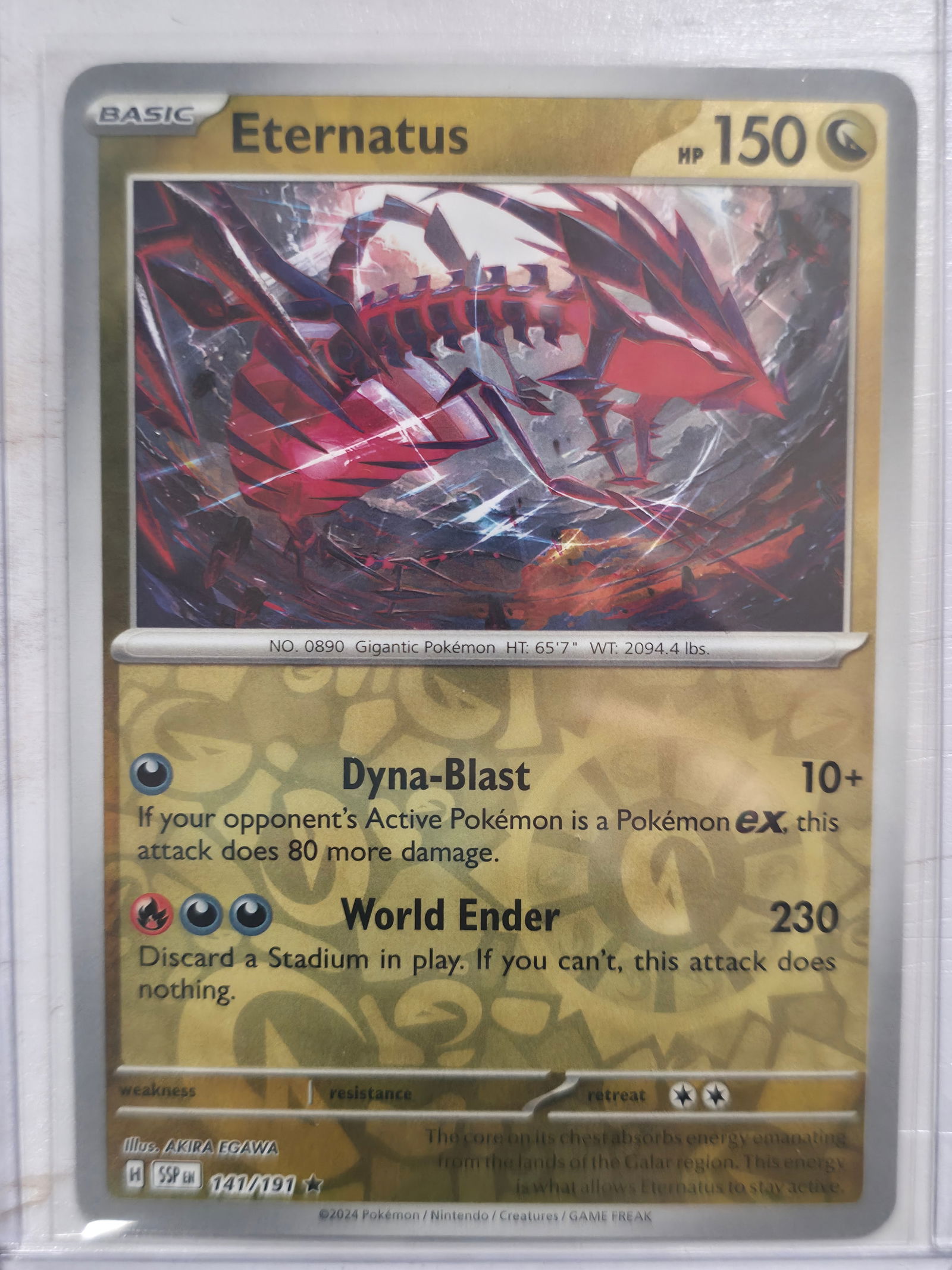 2024 Eternatus Surging Sparks 141/191 Rare: Eternatus Basic Darkness Pokemon. Surging Sparks set. Card number 141/191. Rare non holo. Illustrated by AKIRA EGAWA. 2024 Pokemon Nintendo Creatures GAME FREAK. Preowned card stored in penny sleeve a