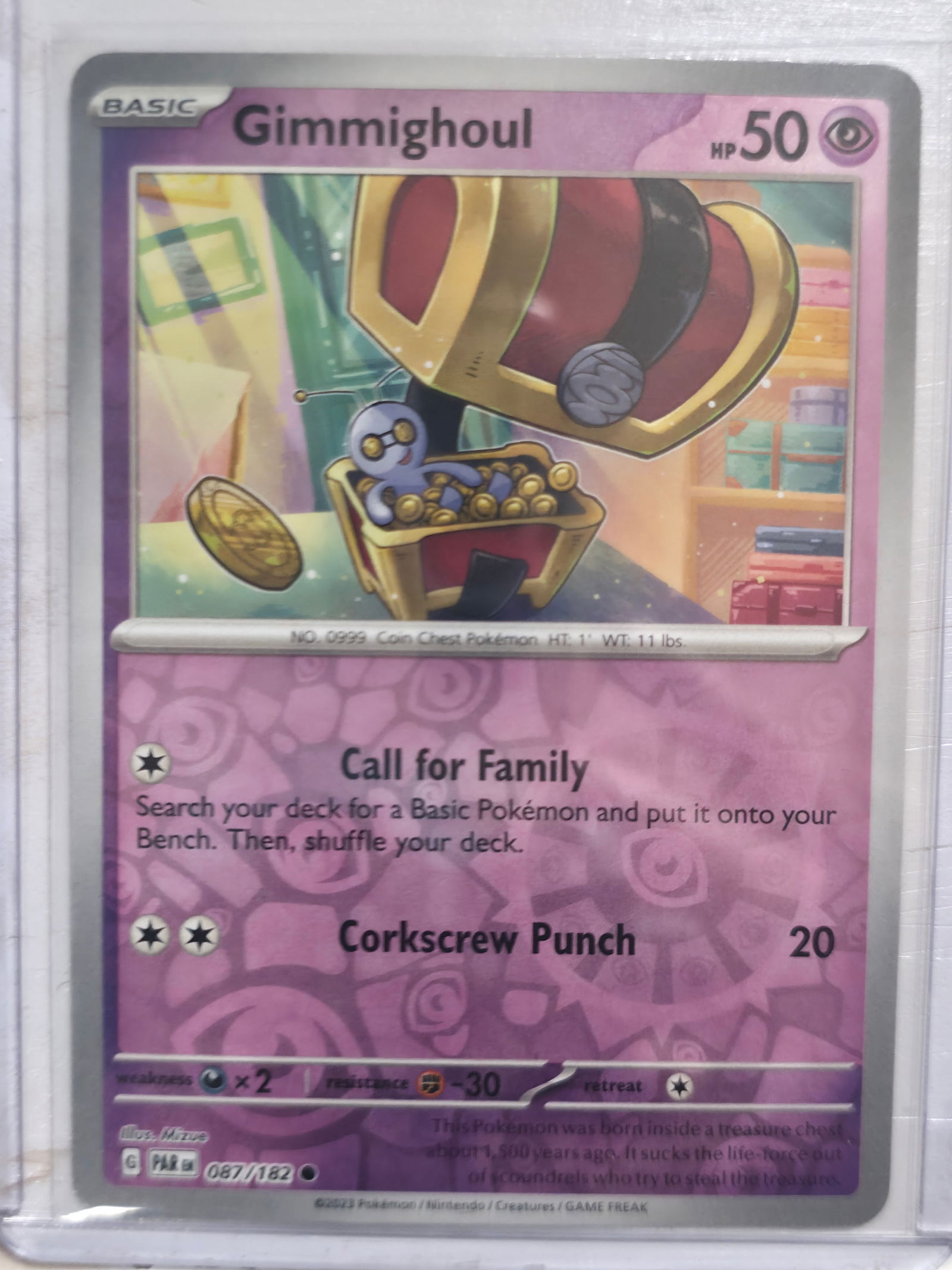 2023 Gimmighoul Paradox Rift 087/182 Common Reverse Holo: Gimmighoul Basic Psychic Pokemon. Paradox Rift set. Card number 087/182. Common reverse holo. Illustrated by Mizue. 2023 Pokemon Nintendo Creatures GAME FREAK. Preowned card stored in penny sleeve and