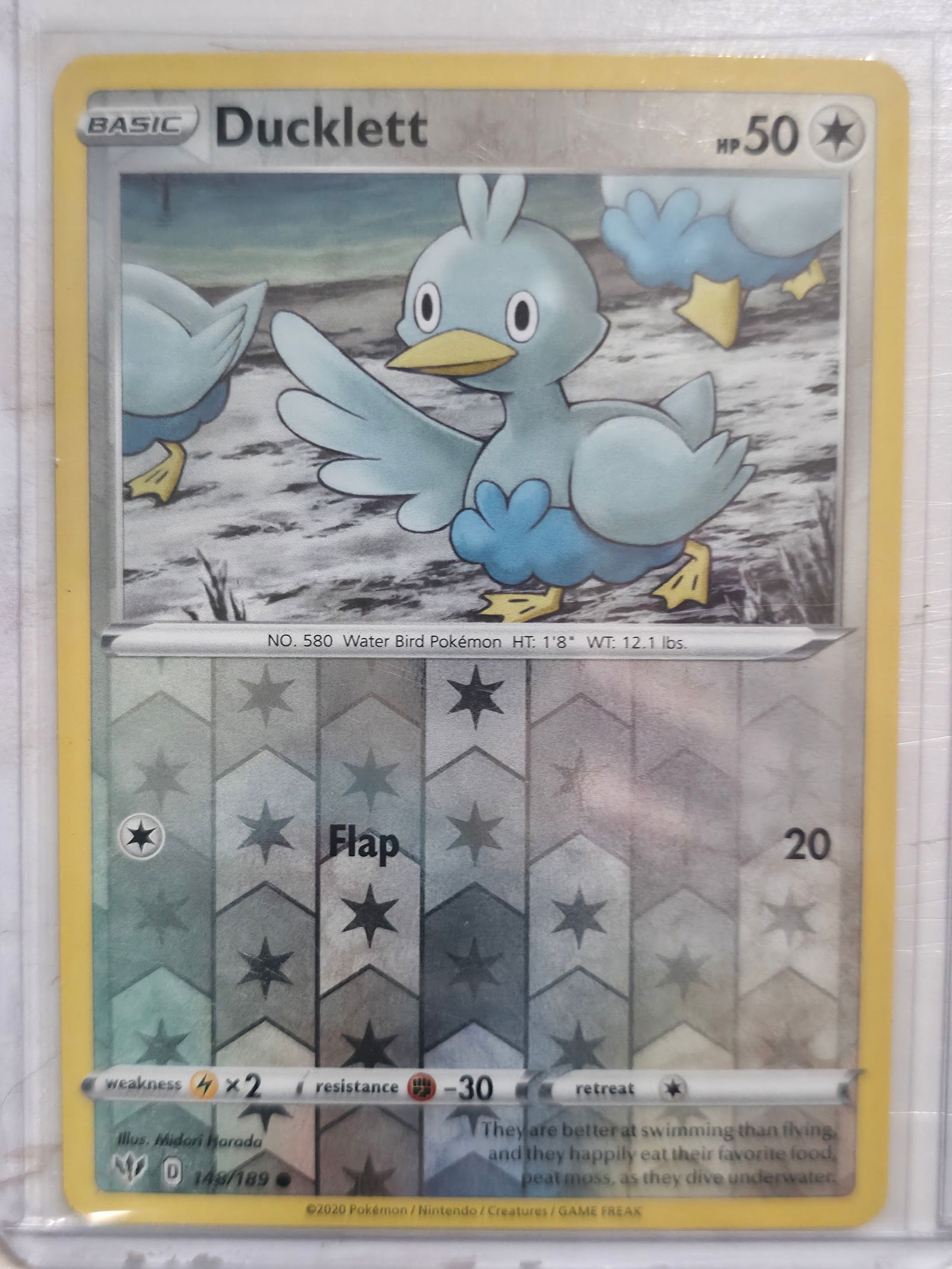 2020 Ducklett Darkness Ablaze 148/189 Common Reverse Holo: Full reflective star pattern across background confirms Reverse Holo version. Card number 148/189 from Darkness Ablaze.Description:Ducklett Basic Colorless Pokemon. Darkness Ablaze set. Card number 14