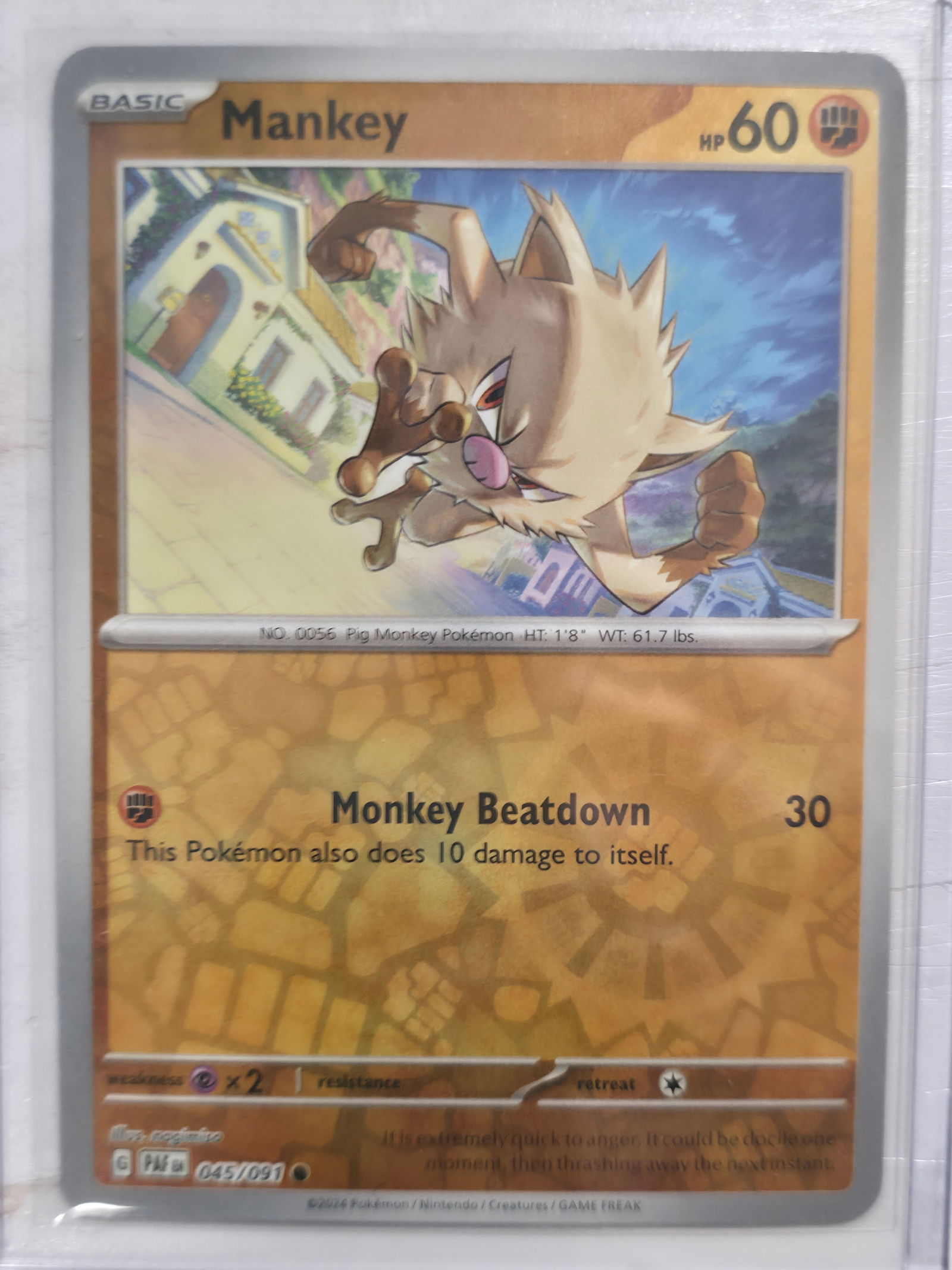 2024 Mankey Paldean Fates 045/091 Common: Mankey Basic Fighting Pokemon. Paldean Fates set. Card number 045/091. Common non holo. Illustrated by nagimiso. 2024 Pokemon Nintendo Creatures GAME FREAK. Preowned card stored in penny sleeve and to