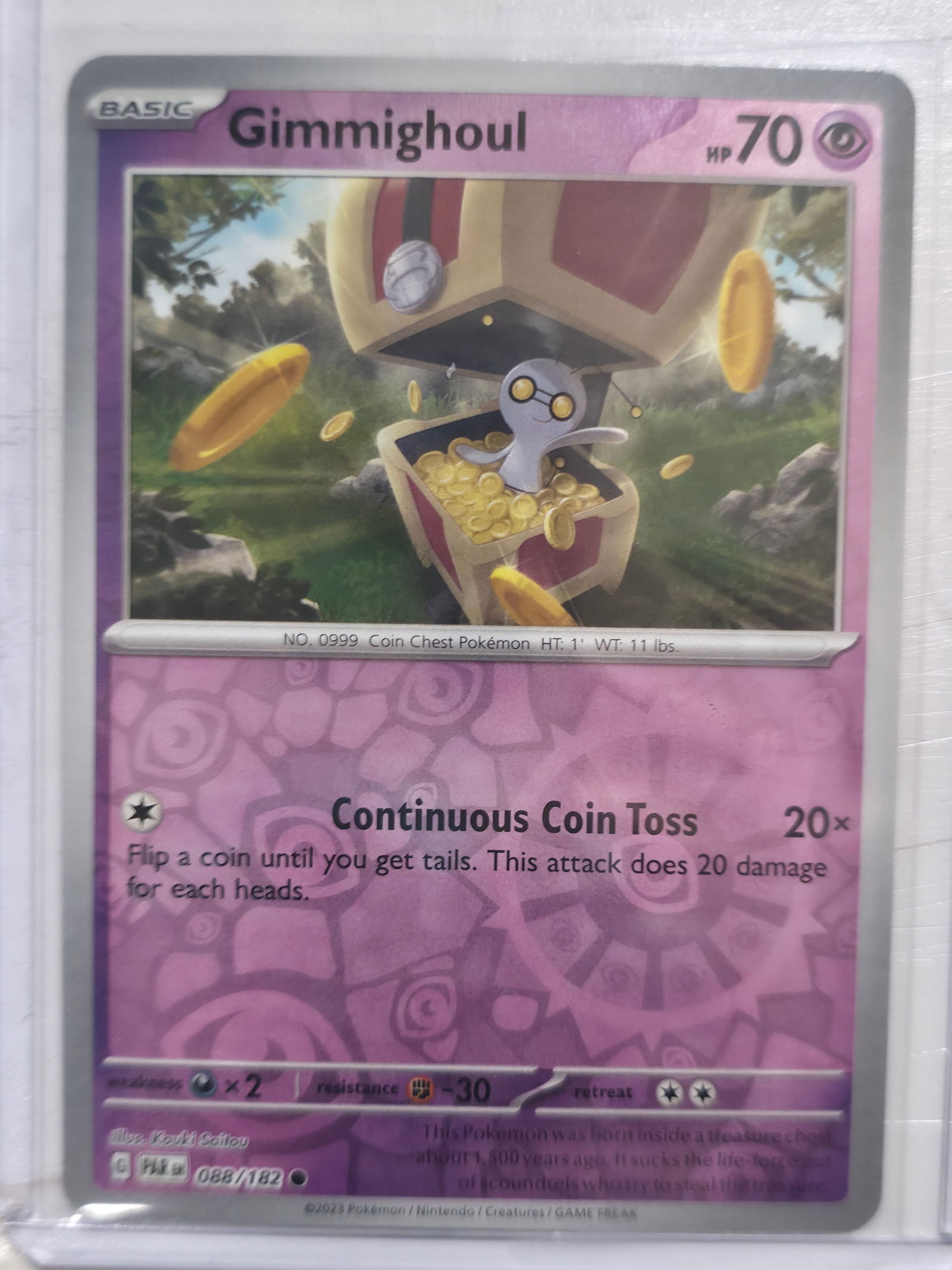 2023 Gimmighoul Paradox Rift 088/182 Common: Gimmighoul Basic Psychic Pokemon. Paradox Rift set. Card number 088/182. Common non holo. Illustrated by Kouki Saitou. 2023 Pokemon Nintendo Creatures GAME FREAK. Preowned card stored in penny sleeve