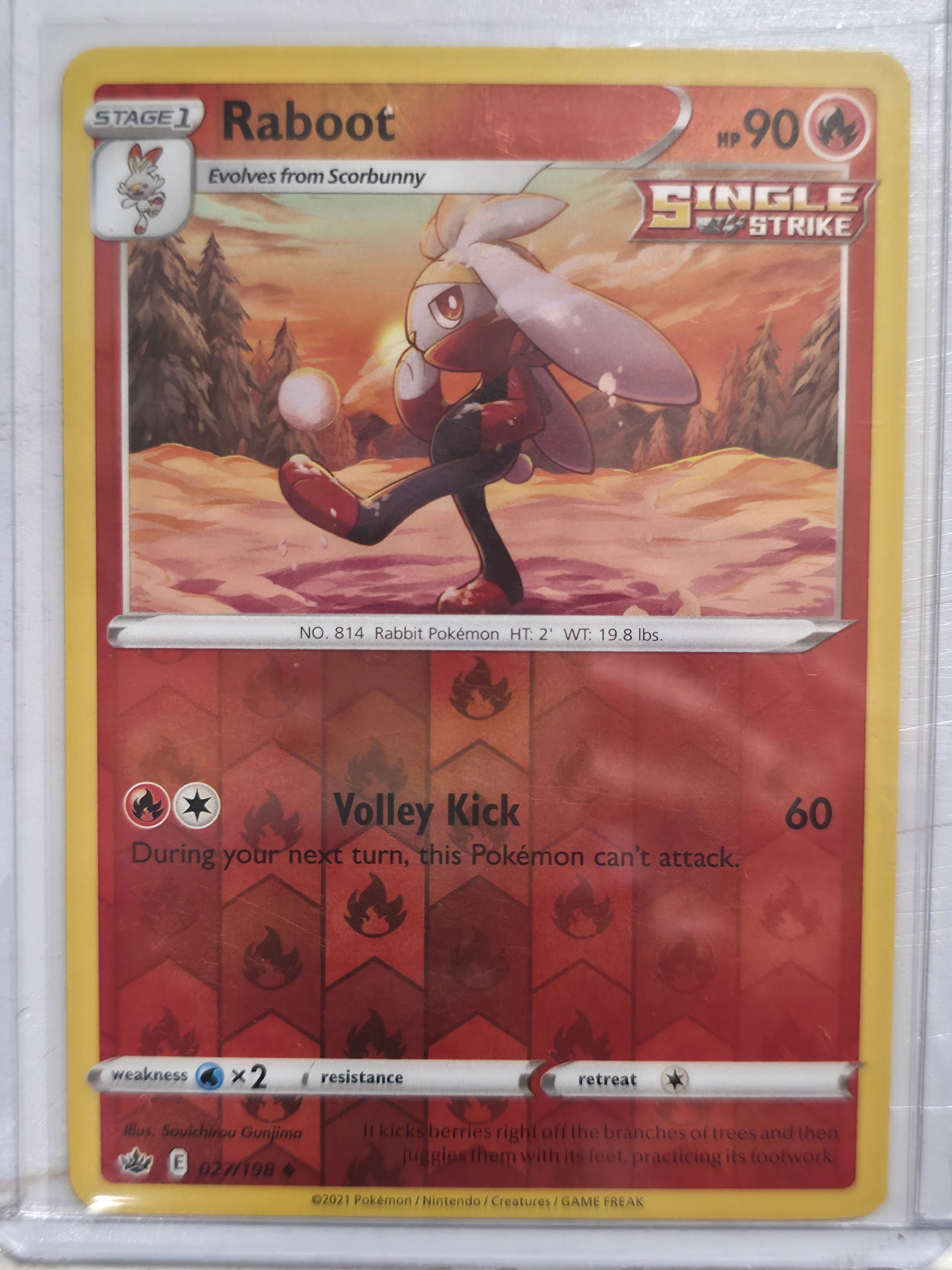 2021 Raboot Chilling Reign 027/198 Reverse Holo: Raboot Stage 1 Fire Pokemon, evolves from Scorbunny. Chilling Reign set. Card number 027/198. Reverse holo uncommon. Single Strike designation. Illustrated by Souichirou Gunjima. 2021 Pokemon Nintendo