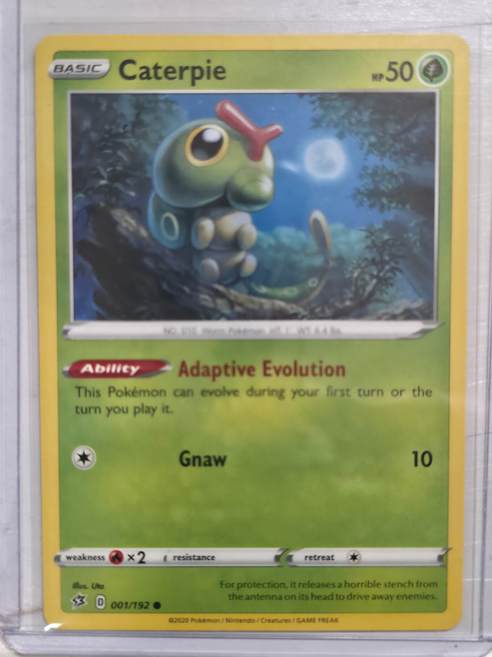 2020 Caterpie Darkness Ablaze 001/192 Common: Caterpie Basic Grass Pokemon. Darkness Ablaze set. Card number 001/192. Common non holo. Ability Adaptive Evolution. Illustrated by Uta. 2020 Pokemon Nintendo Creatures GAME FREAK. Preowned card