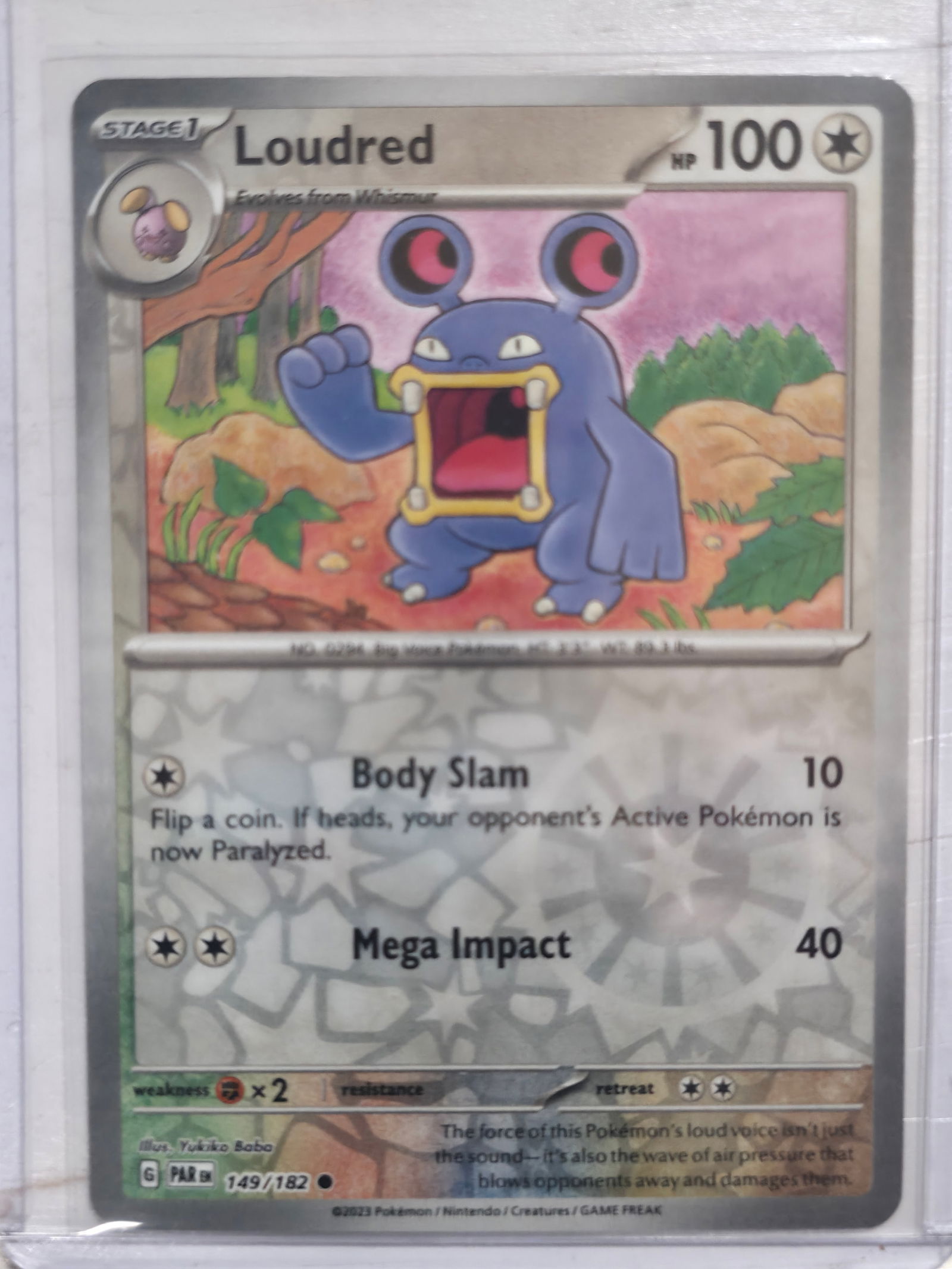 2023 Loudred Paradox Rift 149/182 Uncommon: Loudred Stage 1 Colorless Pokemon, evolves from Whismur. Paradox Rift set. Card number 149/182. Uncommon non holo. Illustrated by Yukiko Baba. 2023 Pokemon Nintendo Creatures GAME FREAK. Preowned card
