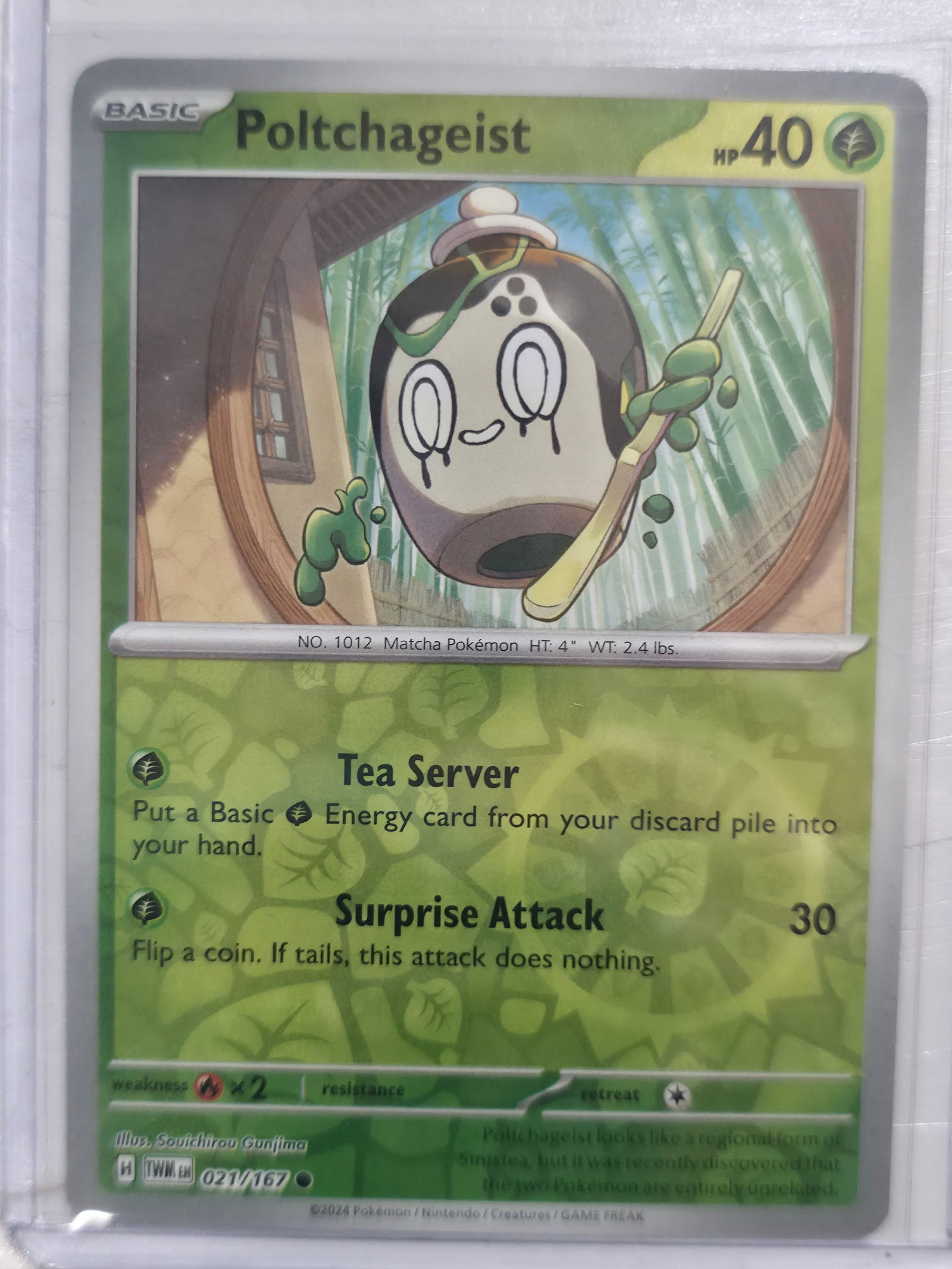 2024 Poltchageist Twilight Masquerade 021/167 Common: Poltchageist Basic Grass Pokemon. Twilight Masquerade set. Card number 021/167. Common non holo. Illustrated by Souichirou Gunjima. 2024 Pokemon Nintendo Creatures GAME FREAK. Preowned card stored in