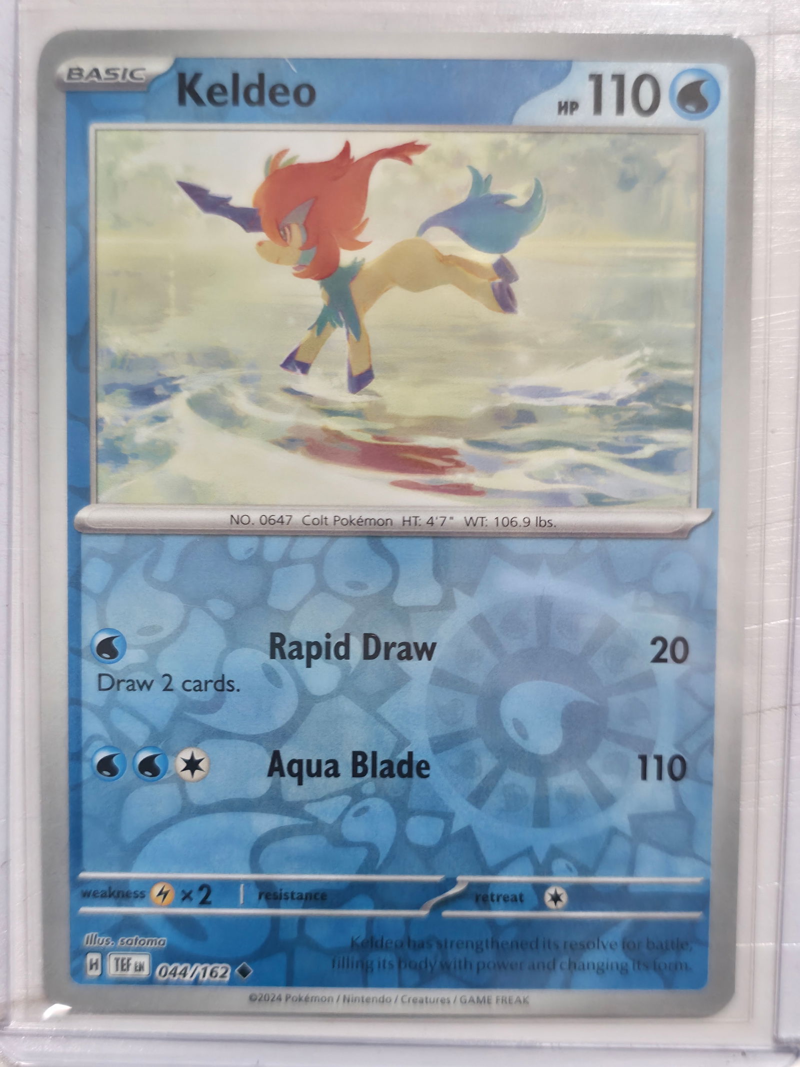 2024 Keldeo Temporal Forces 044/162 Uncommon: Keldeo Basic Water Pokemon. Temporal Forces set. Card number 044/162. Uncommon non holo. Illustrated by satoma. Regulation mark H. 2024 Pokemon Nintendo Creatures GAME FREAK. Preowned card stored in p