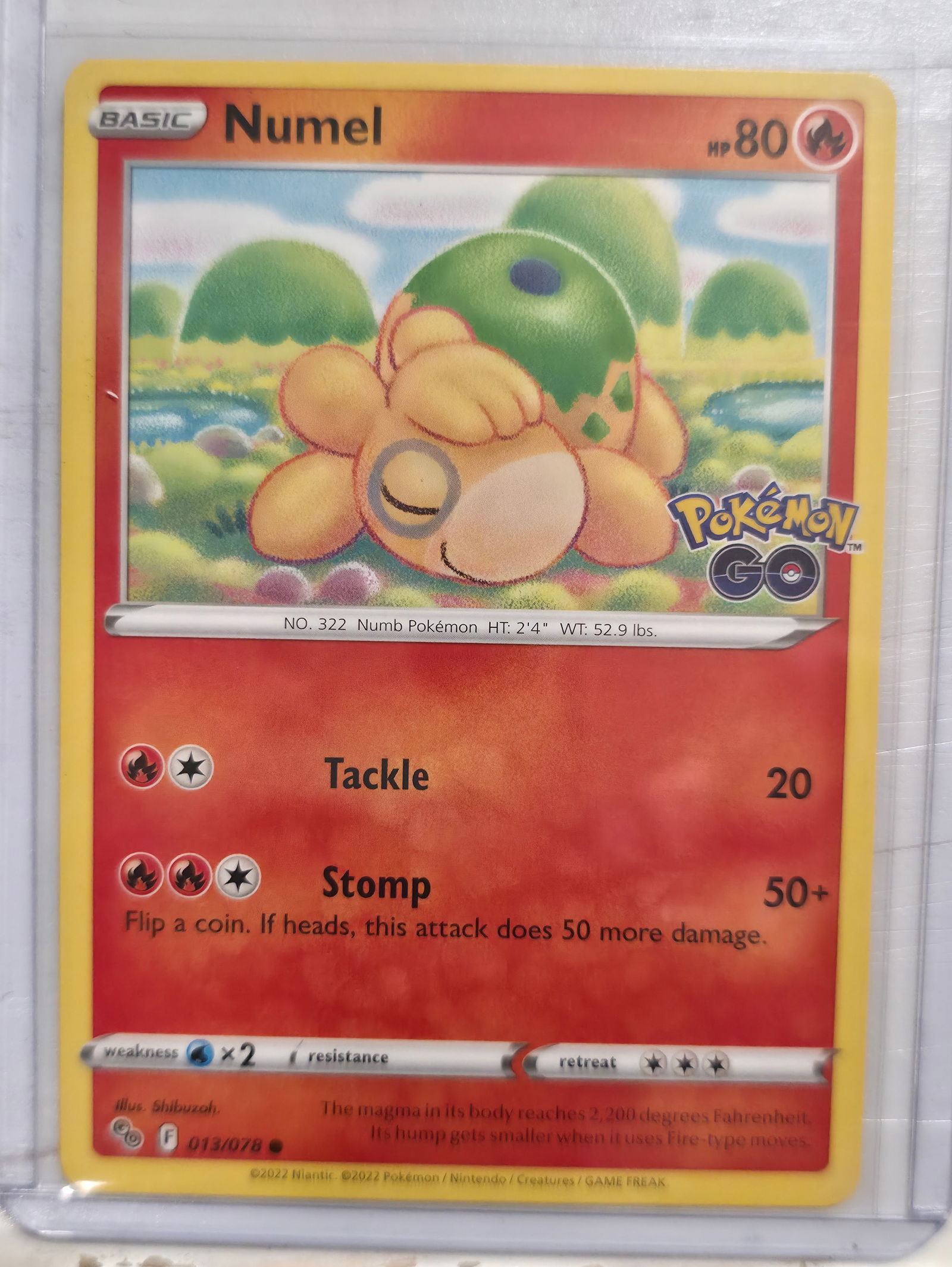 2022 Numel Pokemon GO 013/078 Common: Numel Basic Fire Pokemon. Pokemon GO set. Card number 013/078. Common non holo. Illustrated by Shibuzoh. 2022 Niantic Pokemon Nintendo Creatures GAME FREAK. Preowned card stored in penny sleeve and to