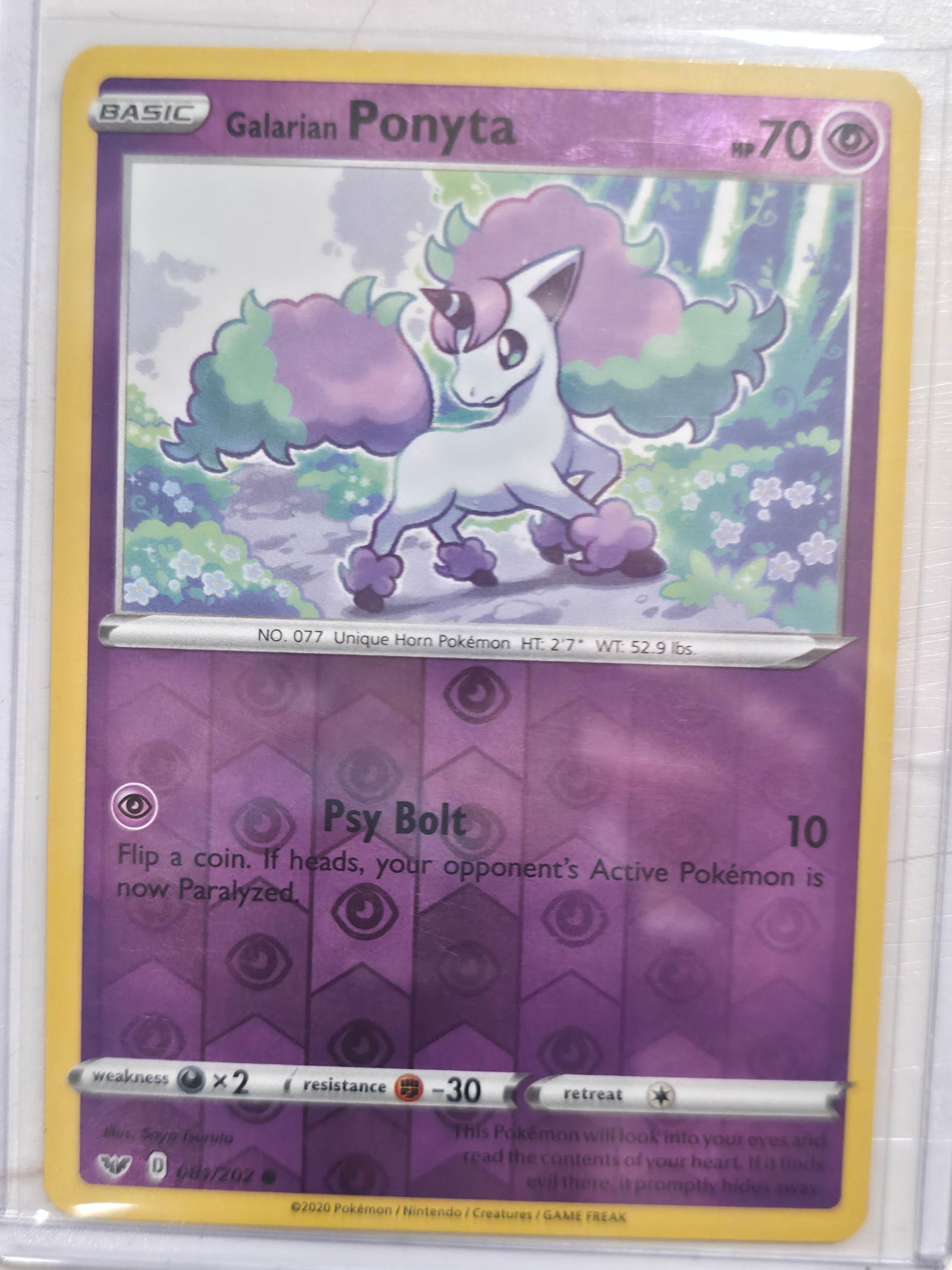 2020 Galarian Ponyta Champions Path 008/073 Reverse Holo: Galarian Ponyta Basic Psychic Pokemon. Champions Path set. Card number 008/073. Reverse holo version with reflective foil pattern across the text box. Illustrated by Saya Tsuruta. 2020 Pokemon Nintend