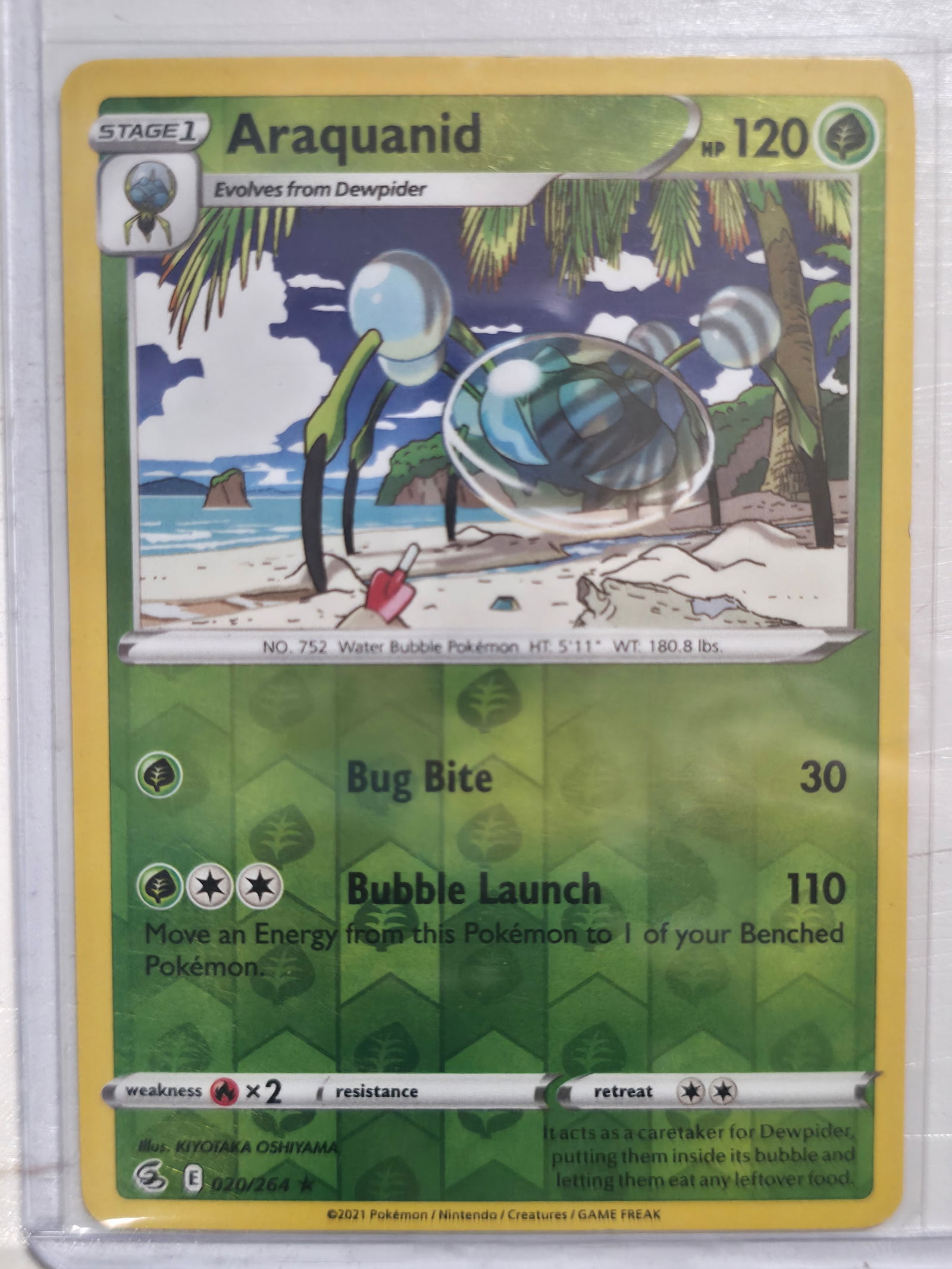2021 Araquanid Fusion Strike 020/264 Reverse Holo: Araquanid Stage 1 Grass Pokemon, evolves from Dewpider. Fusion Strike set. Card number 020/264. Reverse holo version with reflective foil pattern across the card surface. Illustrated by Kiyotaka Oshiy