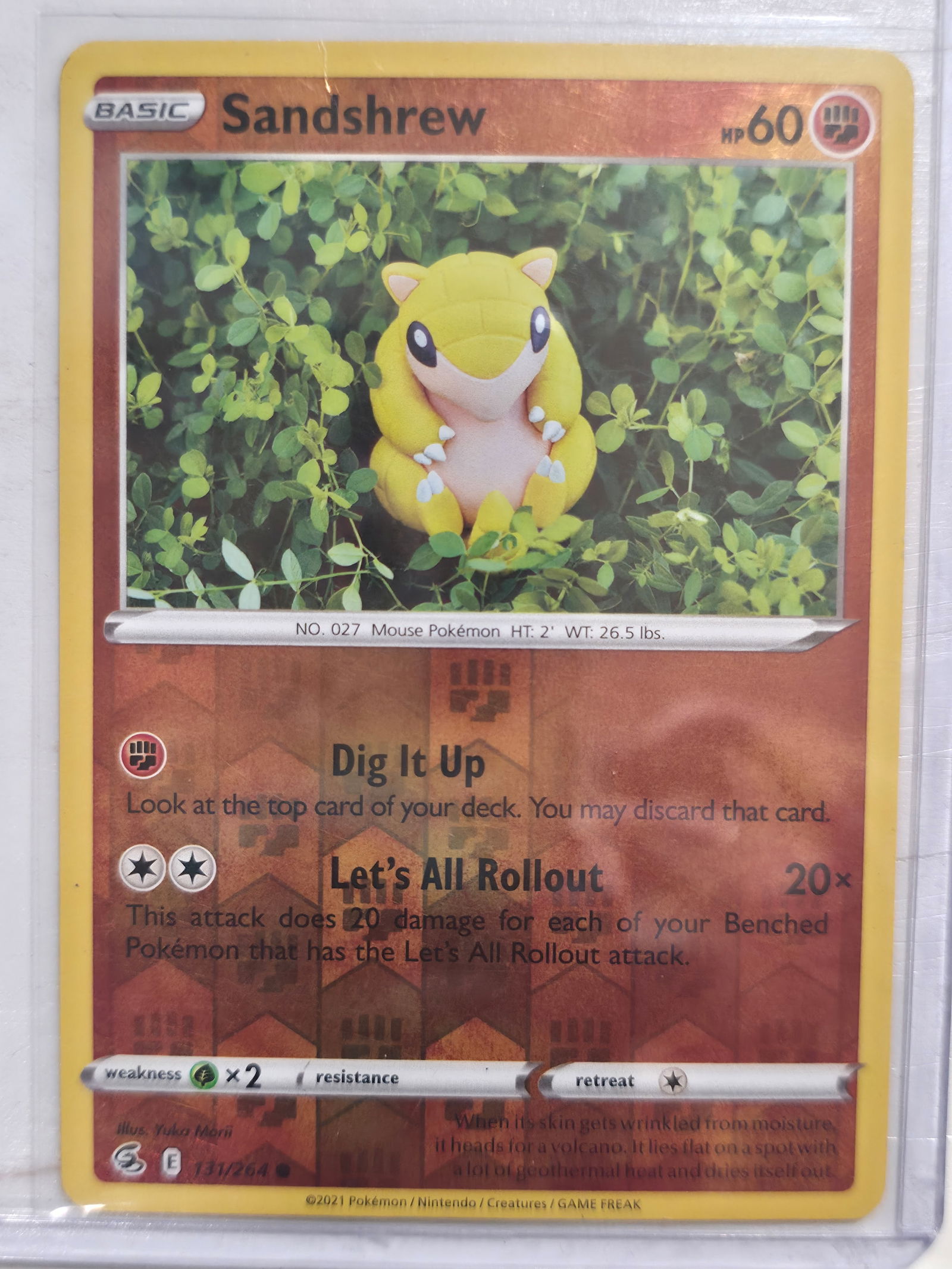 2021 Sandshrew Fusion Strike 131/264 Common: Sandshrew Basic Fighting Pokemon. Fusion Strike set. Card number 131/264. Common non holo. Illustrated by Yuka Morii. 2021 Pokemon Nintendo Creatures GAME FREAK. Preowned card stored in penny sleeve a