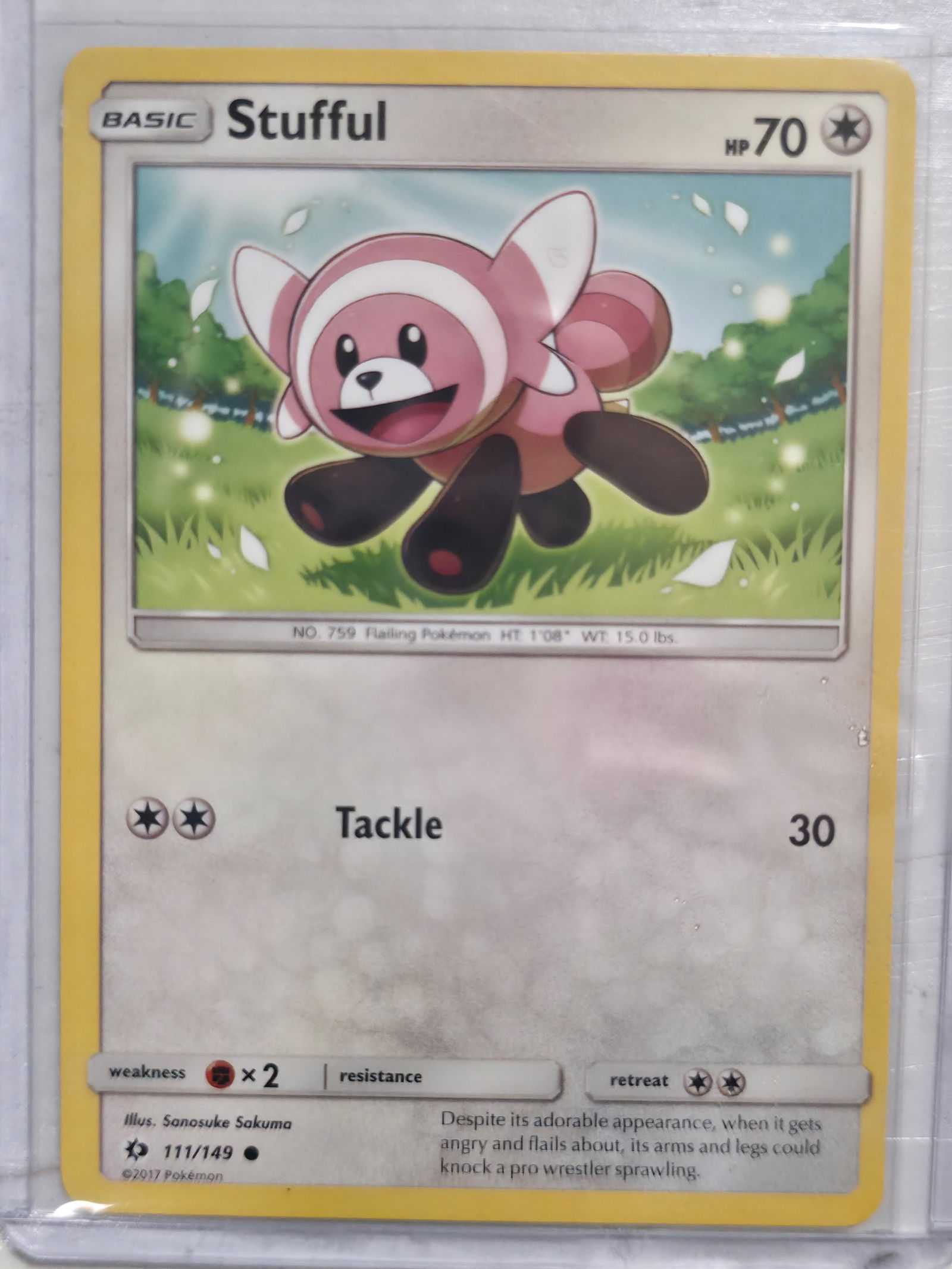 2017 Stufful 111/149 Sun and Moon Common: Stufful Basic Colorless Pokemon. Sun and Moon base set. Card number 111/149. Common non holo. Illustrated by Sanosuke Sakuma. 2017 Pokemon Nintendo Creatures GAME FREAK. Preowned card stored in penny