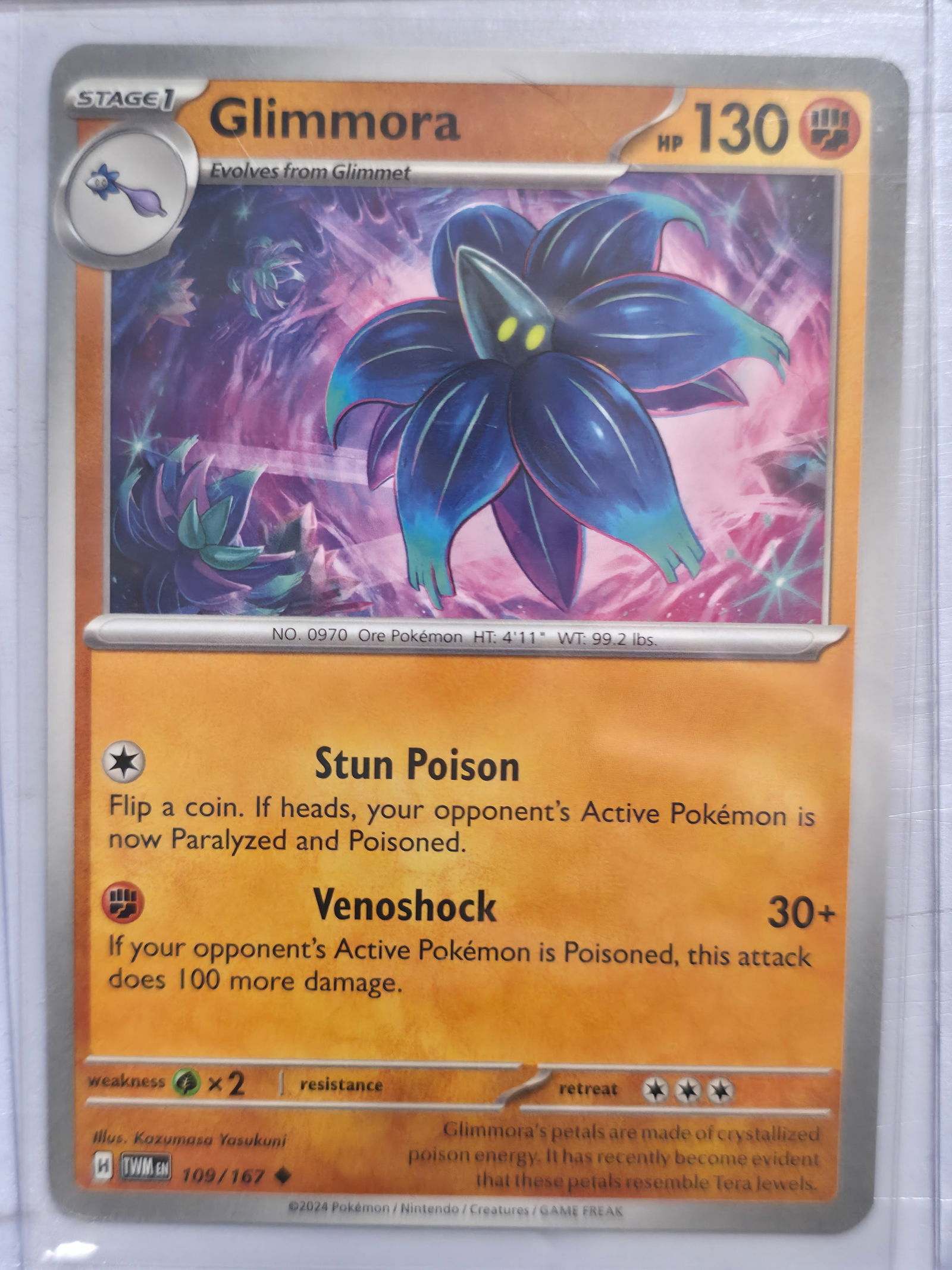 2024 Glimmora Twilight Masquerade 109/167 Rare: Glimmora Stage 1 Fighting Pokemon evolves from Glimmet. Twilight Masquerade set. Card number 109/167. Rare non holo. Illustrated by Kazumasa Yasukuni. Regulation mark H. 2024 Pokemon Nintendo Creature