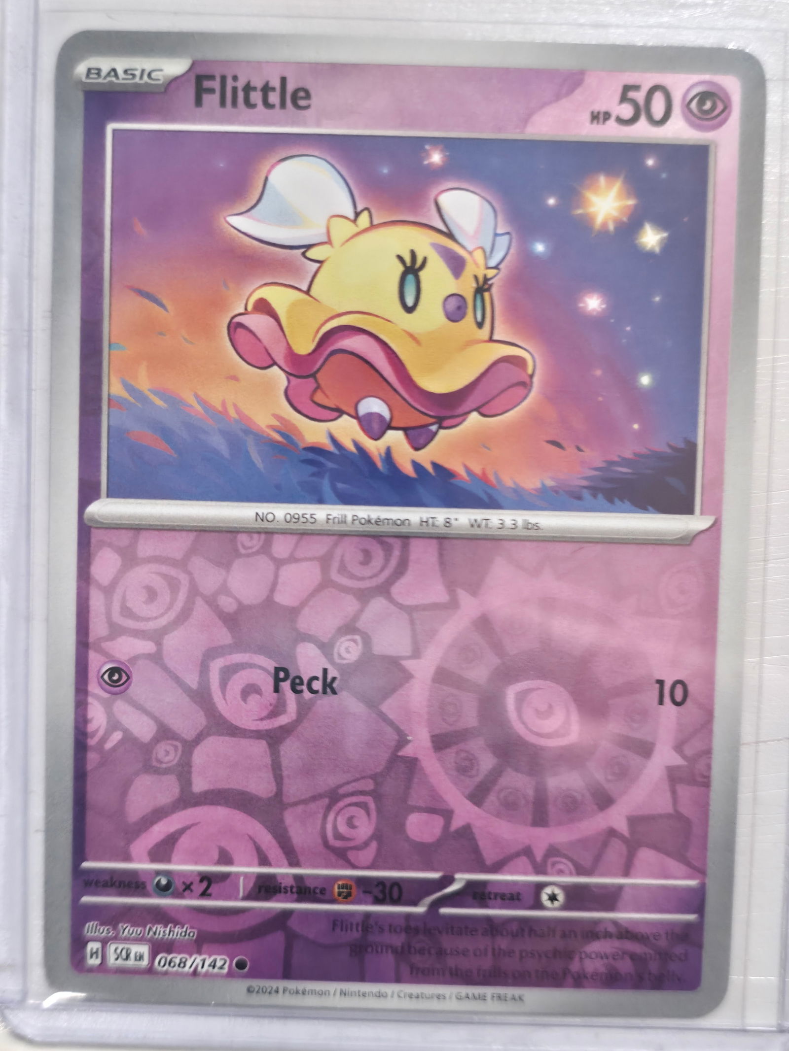 2024 Flittle Stellar Crown 068/142 Common: Flittle Basic Psychic Pokemon. Stellar Crown set. Card number 068/142. Common non holo. Illustrated by Yuu Nishida. Regulation mark H. 2024 Pokemon Nintendo Creatures GAME FREAK. Preowned card stored