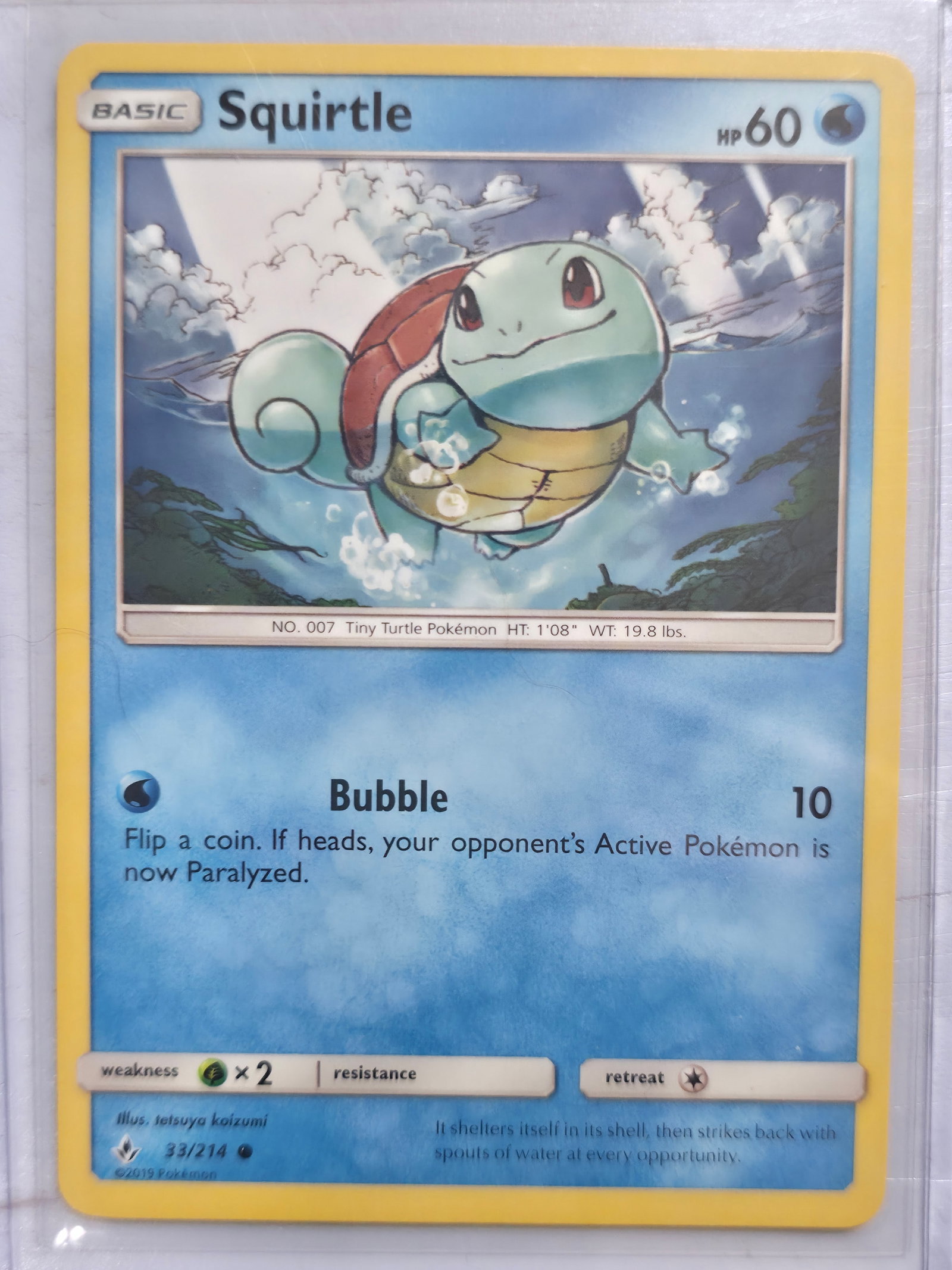 2019 Squirtle Unbroken Bonds 33/214 Common: 2019 Squirtle Basic Water Pokemon. Unbroken Bonds set. Card number 33/214. Common non holo. HP 60. Illustrated by tetsuya koizumi. Preowned card stored in penny sleeve and top loader. Sold as shown.