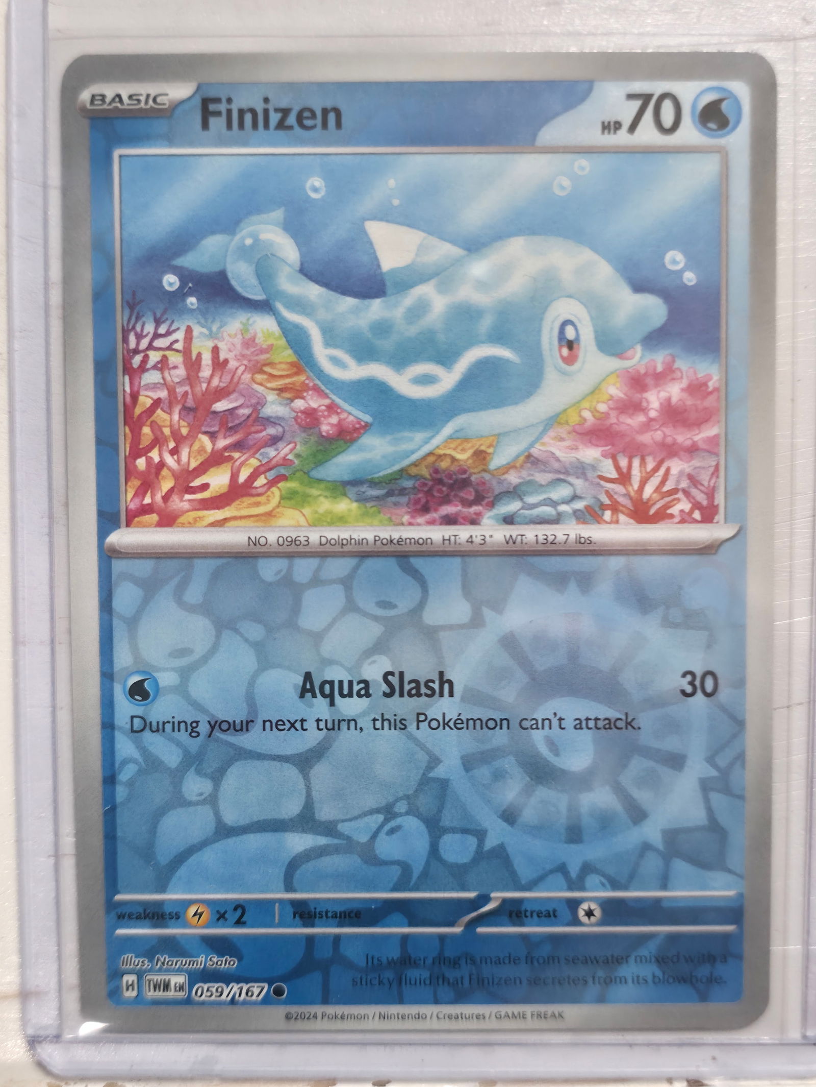 2024 Finizen Twilight Masquerade 059/167 Common: 2024 Finizen Basic Water Pokemon. Twilight Masquerade set. Card number 059/167. Common non holo. HP 70. Attack Aqua Slash. Illustrated by Narumi Sato. Regulation mark H. Preowned card stored in penny