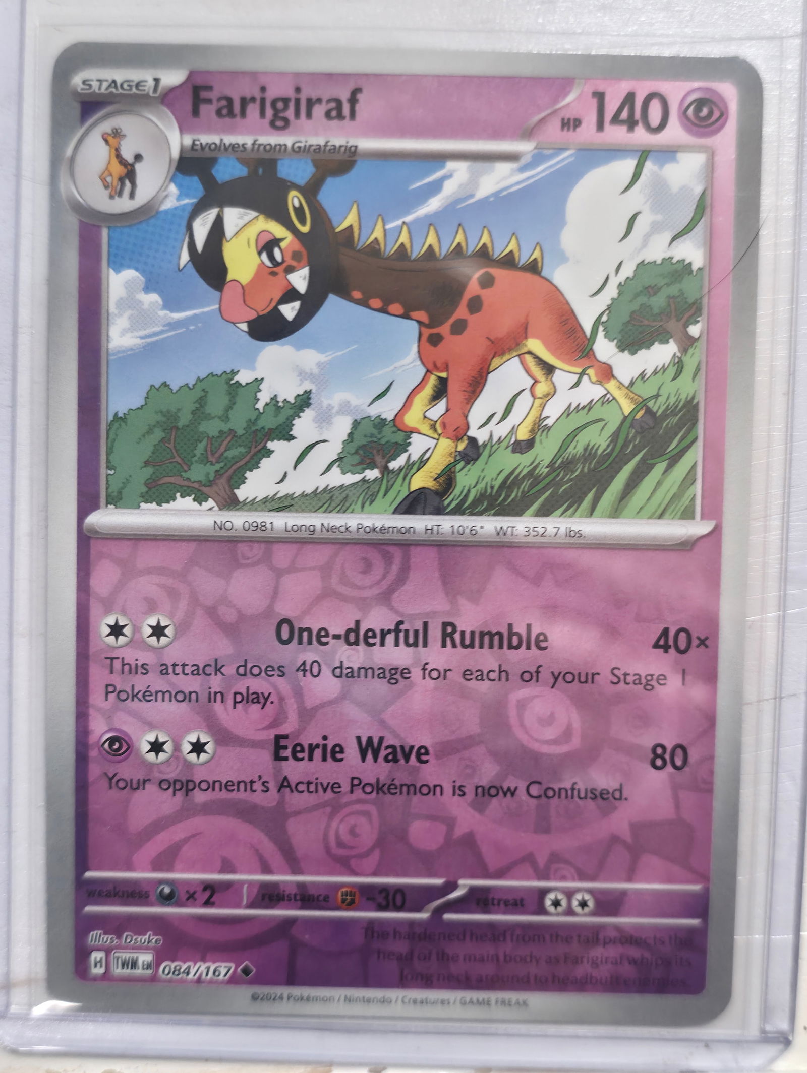 2024 Farigiraf Twilight Masquerade 084/167 Rare: 2024 Farigiraf Stage 1 Psychic Pokemon. Evolves from Girafarig. Twilight Masquerade set. Card number 084/167. Rare non holo. HP 140. Attacks One-derful Rumble and Eerie Wave. Illustrated by Dsuke. Reg