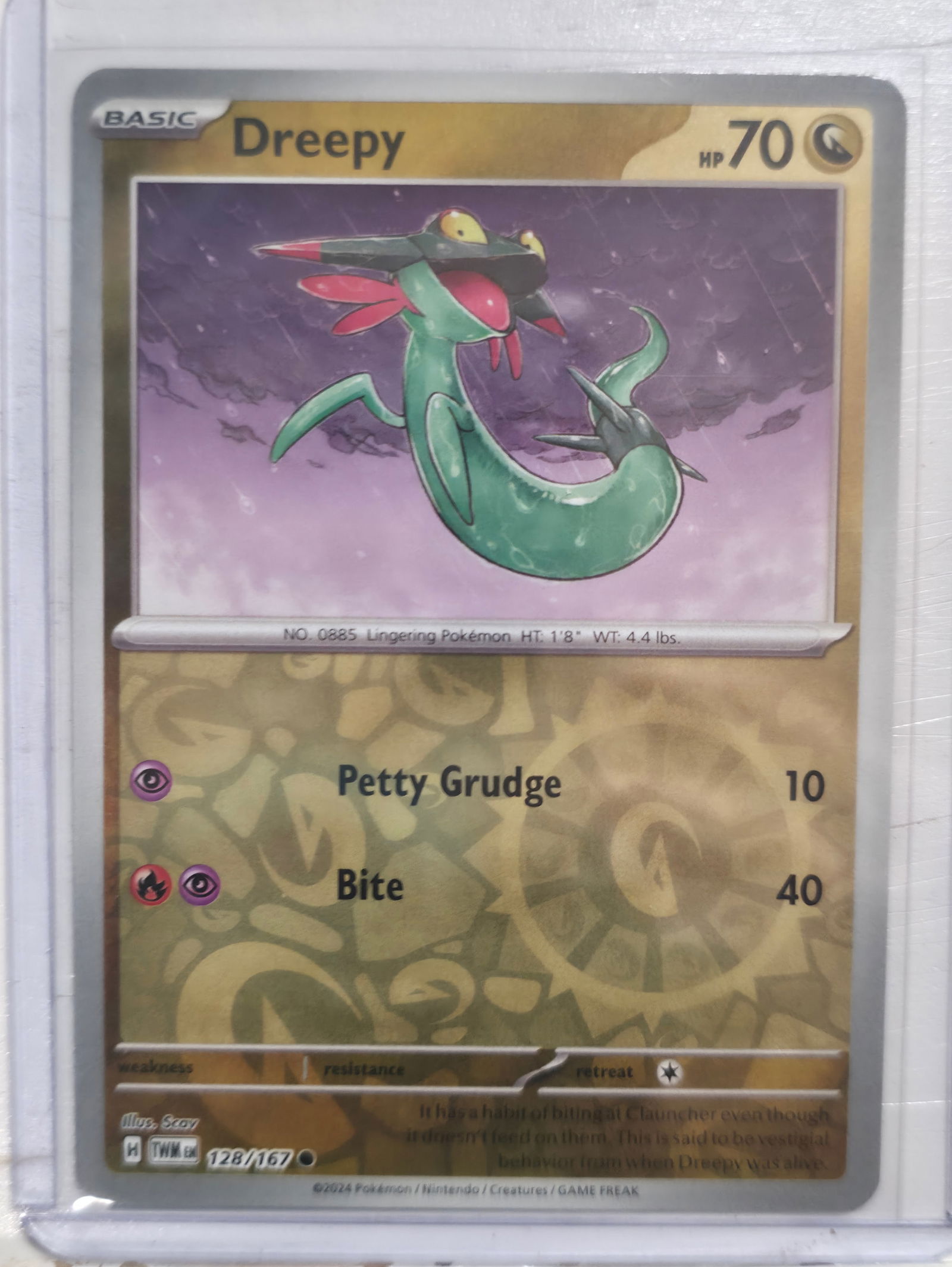 2024 Dreepy Twilight Masquerade 128/167 Common: 2024 Dreepy Basic Dragon Pokemon. Twilight Masquerade set. Card number 128/167. Common non holo. HP 70. Attacks Petty Grudge and Bite. Illustrated by Scav. Regulation mark H. Preowned card stored in p