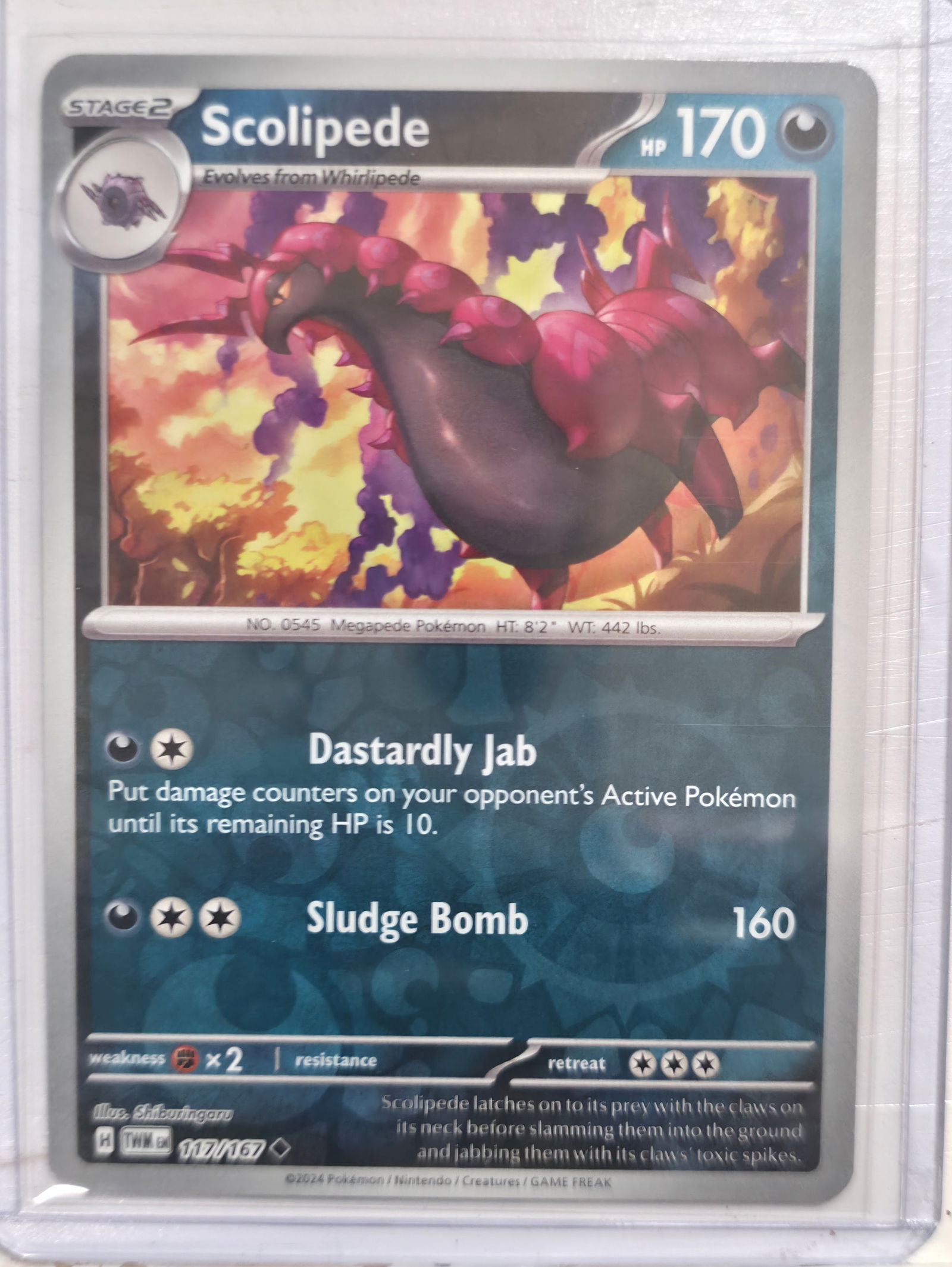 2024 Scolipede Twilight Masquerade 117/167 Rare: 2024 Scolipede Stage 2 Dark Pokemon. Evolves from Whirlipede. Twilight Masquerade set. Card number 117/167. Rare non holo. HP 170. Attacks Dastardly Jab and Sludge Bomb. Illustrated by Shiburingaru. R