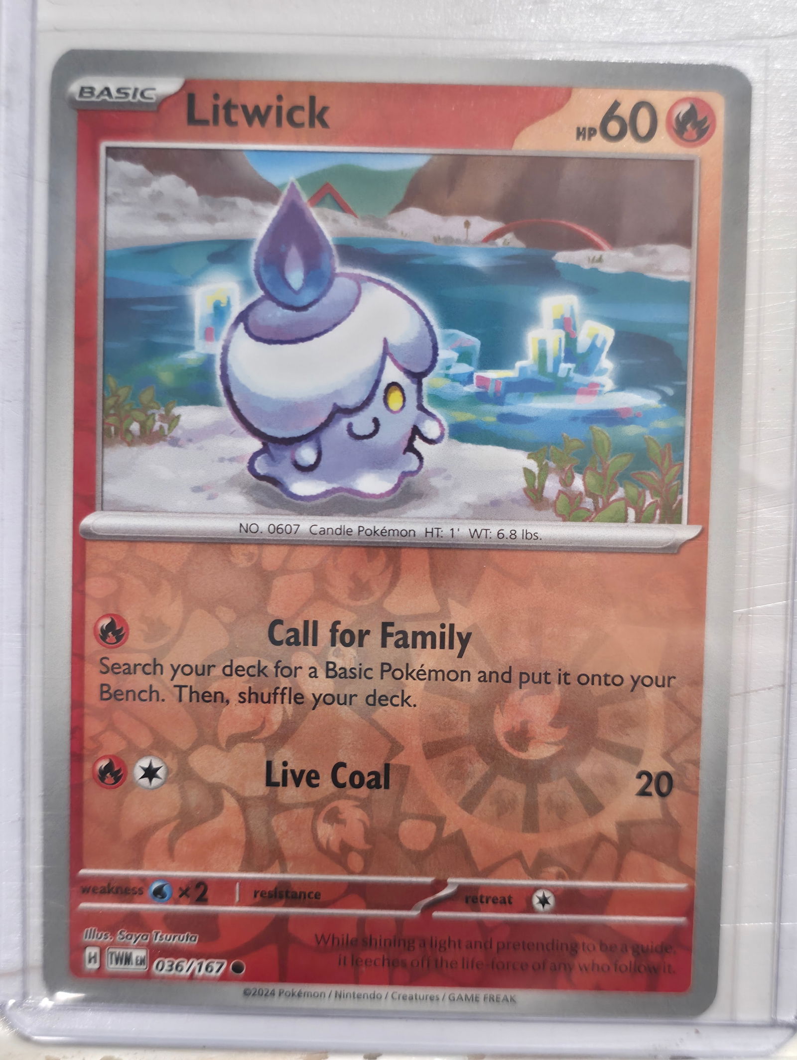 2024 Litwick Twilight Masquerade 036/167 Common: 2024 Litwick Basic Fire Pokemon. Twilight Masquerade set. Card number 036/167. Common non holo. HP 60. Attacks Call for Family and Live Coal. Illustrated by Saya Tsuruta. Regulation mark H. Preowned c