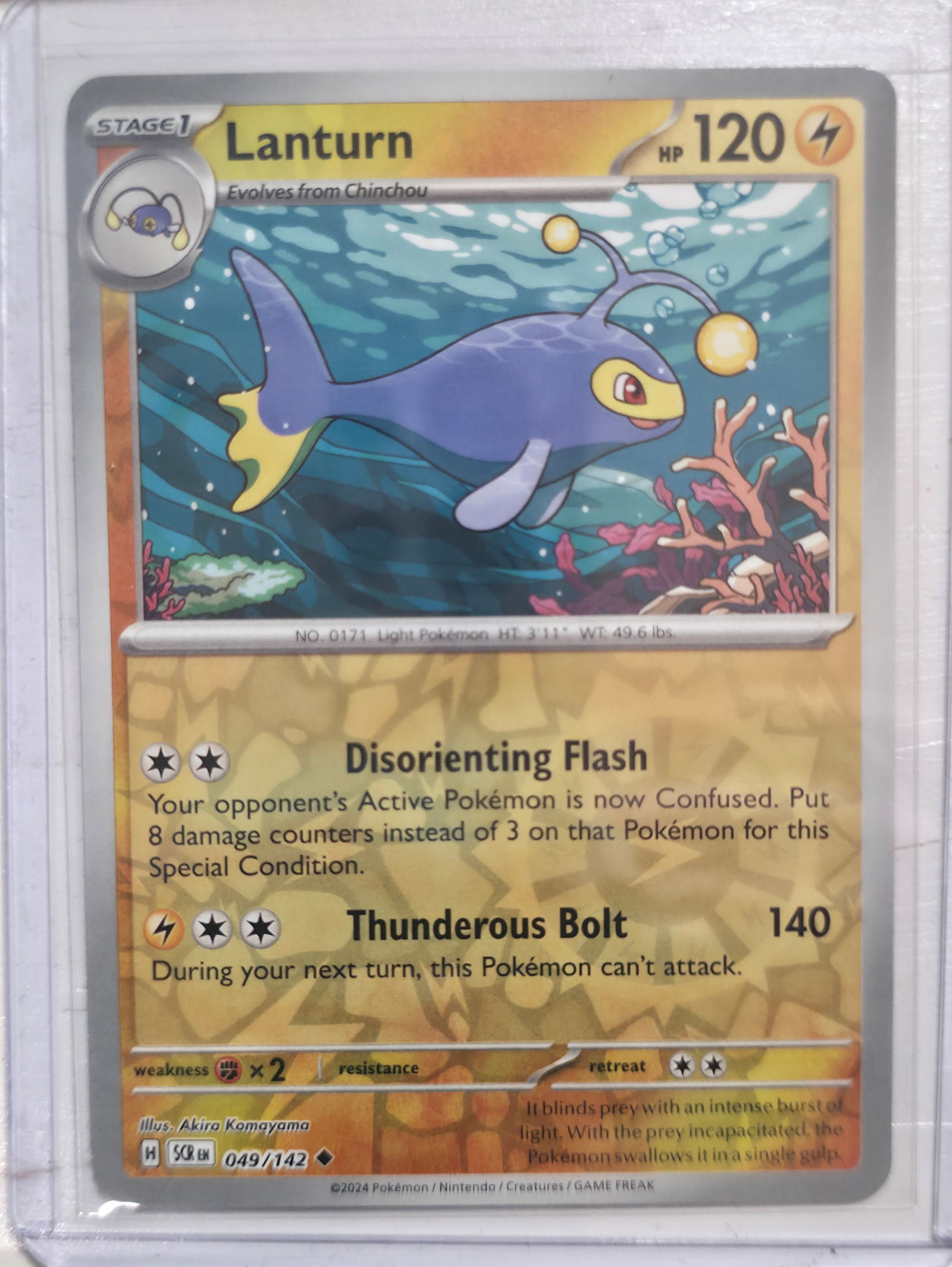 2024 Lanturn Stellar Crown 049/142 Rare: 2024 Lanturn Stage 1 Lightning Pokemon. Evolves from Chinchou. Stellar Crown set. Card number 049/142. Rare non holo. HP 120. Attacks Disorienting Flash and Thunderous Bolt 140. Illustrated by Akira K