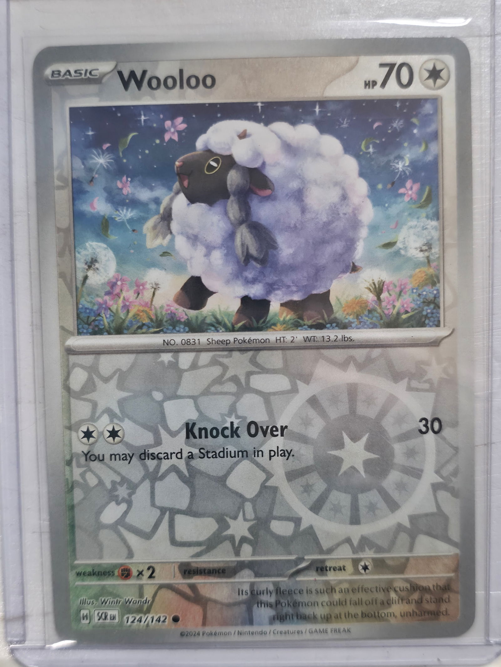 2024 Wooloo Stellar Crown 124/142 Reverse Holo: 2024 Wooloo Basic Colorless Pokemon. Stellar Crown set. Card number 124/142. Reverse holo with reflective pattern in text area. HP 70. Attack Knock Over 30. Illustrated by Wintr Wandr. Regulation mark