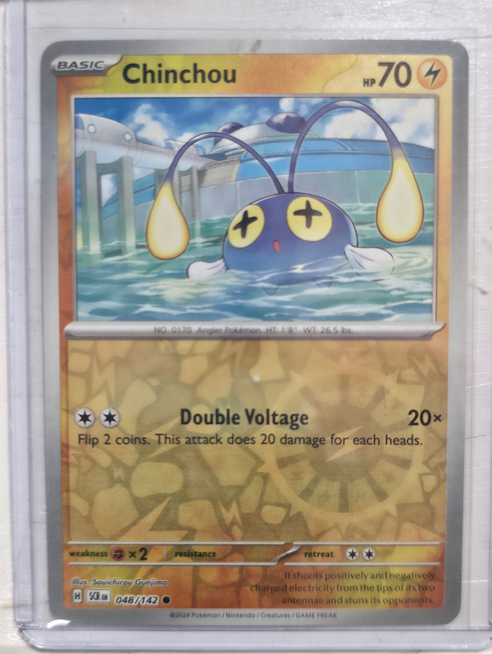 2024 Chinchou Stellar Crown 048/142 Reverse Holo: 2024 Chinchou Basic Lightning Pokemon. Stellar Crown set. Card number 048/142. Reverse holo with reflective pattern in text area. HP 70. Attack Double Voltage 20x. Illustrated by Souichirou Gunjima. R