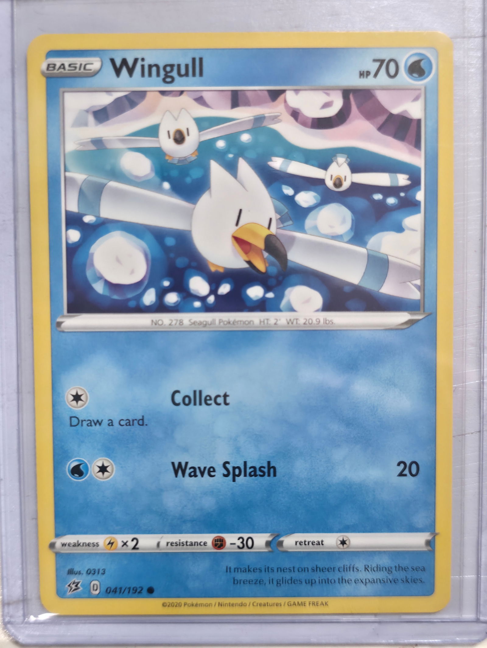 2020 Wingull Rebel Clash 041/192 Common: 2020 Wingull Basic Water Pokemon. Rebel Clash set. Card number 041/192. Common non holo. HP 70. Attacks Collect and Wave Splash 20. Illustrated by 0313. Regulation mark D. Preowned card stored in penn