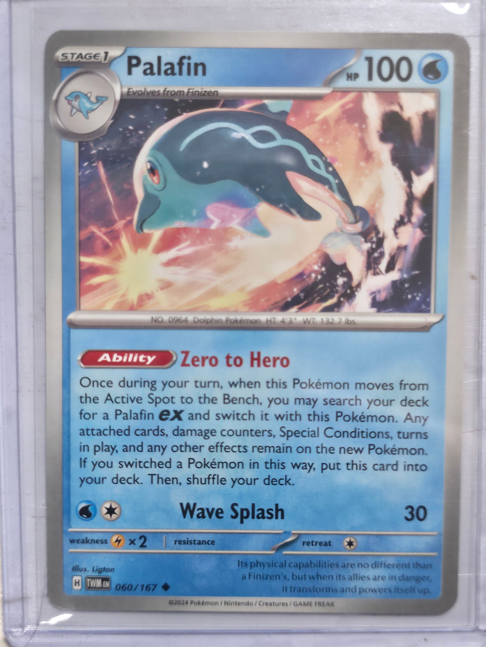 2024 Palafin 060/167 Twilight Masquerade: 2024 Palafin Stage 1 Water Pokemon evolving from Finizen. Twilight Masquerade set. Card number 060/167. Ability Zero to Hero. Attack Wave Splash 30. HP 100. Illustrated by Ligton. Regulation mark H. N