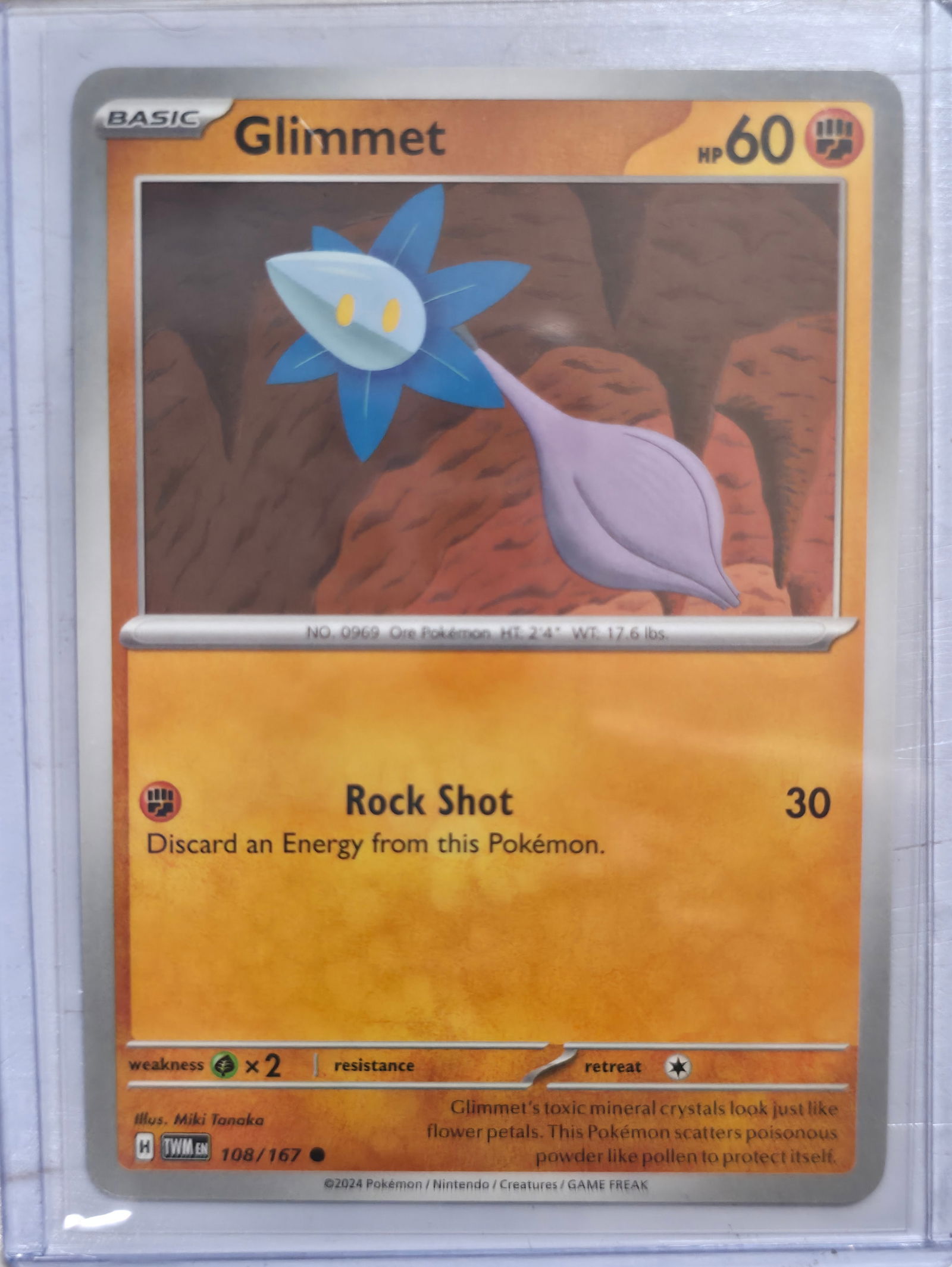 2024 Glimmet 108/167 Twilight Masquerade: 2024 Glimmet Basic Fighting Pokemon. Twilight Masquerade set. Card number 108/167. HP 60. Attack Rock Shot 30. Illustrated by Miki Tanaka. Regulation mark H. Non holo. Preowned card stored in penny sl