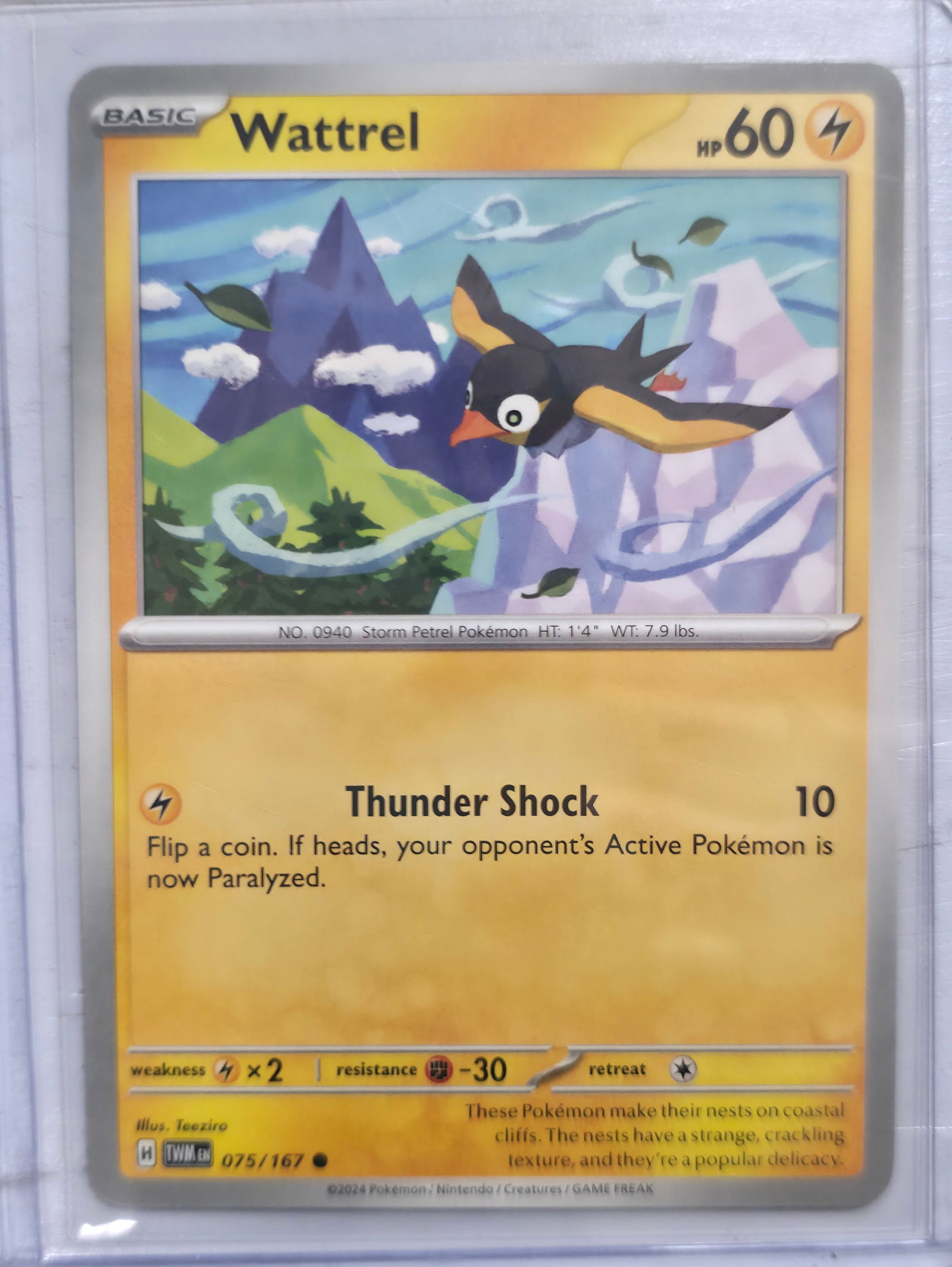 2024 Wattrel Twilight Masquerade 075/167: 2024 Wattrel Basic Lightning Pokemon. Twilight Masquerade set. Card number 075/167. HP 60. Attack Thunder Shock 10. Illustrated by Teeziro. Regulation mark H. Non holo. Preowned card stored in penny s