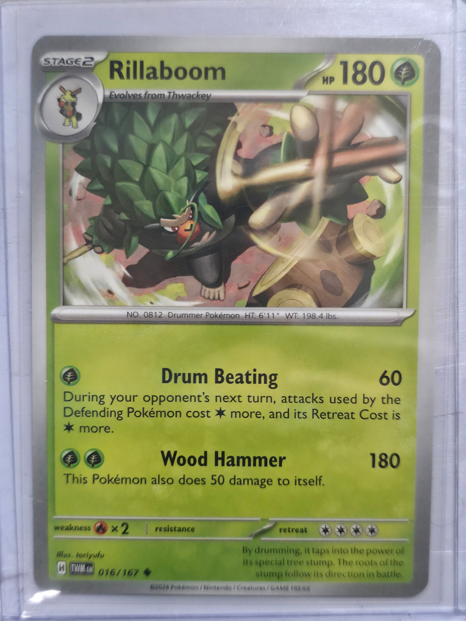 2024 Rillaboom Twilight Masquerade 016/167: 2024 Rillaboom Stage 2 Grass Pokemon evolving from Thwackey. Twilight Masquerade set. Card number 016/167. HP 180. Attacks Drum Beating 60 and Wood Hammer 180. Illustrated by toriyufu. Regulation mark