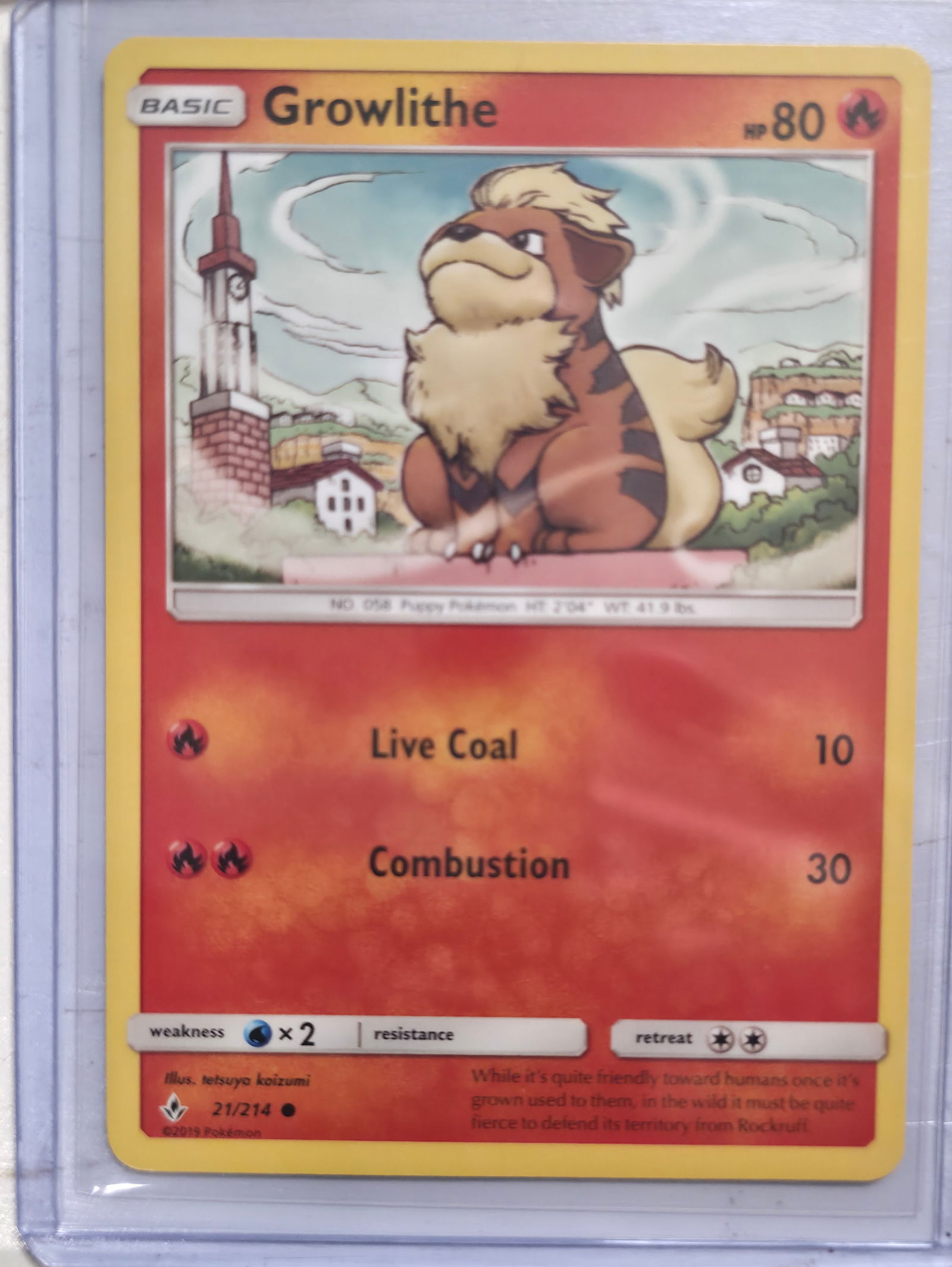 2019 Growlithe Unbroken Bonds 21/214: 2019 Growlithe Basic Fire Pokemon. Unbroken Bonds set. Card number 21/214. HP 80. Attacks Live Coal 10 and Combustion 30. Illustrated by Tetsuya Koizumi. Non holo. Preowned card stored in penny sleeve