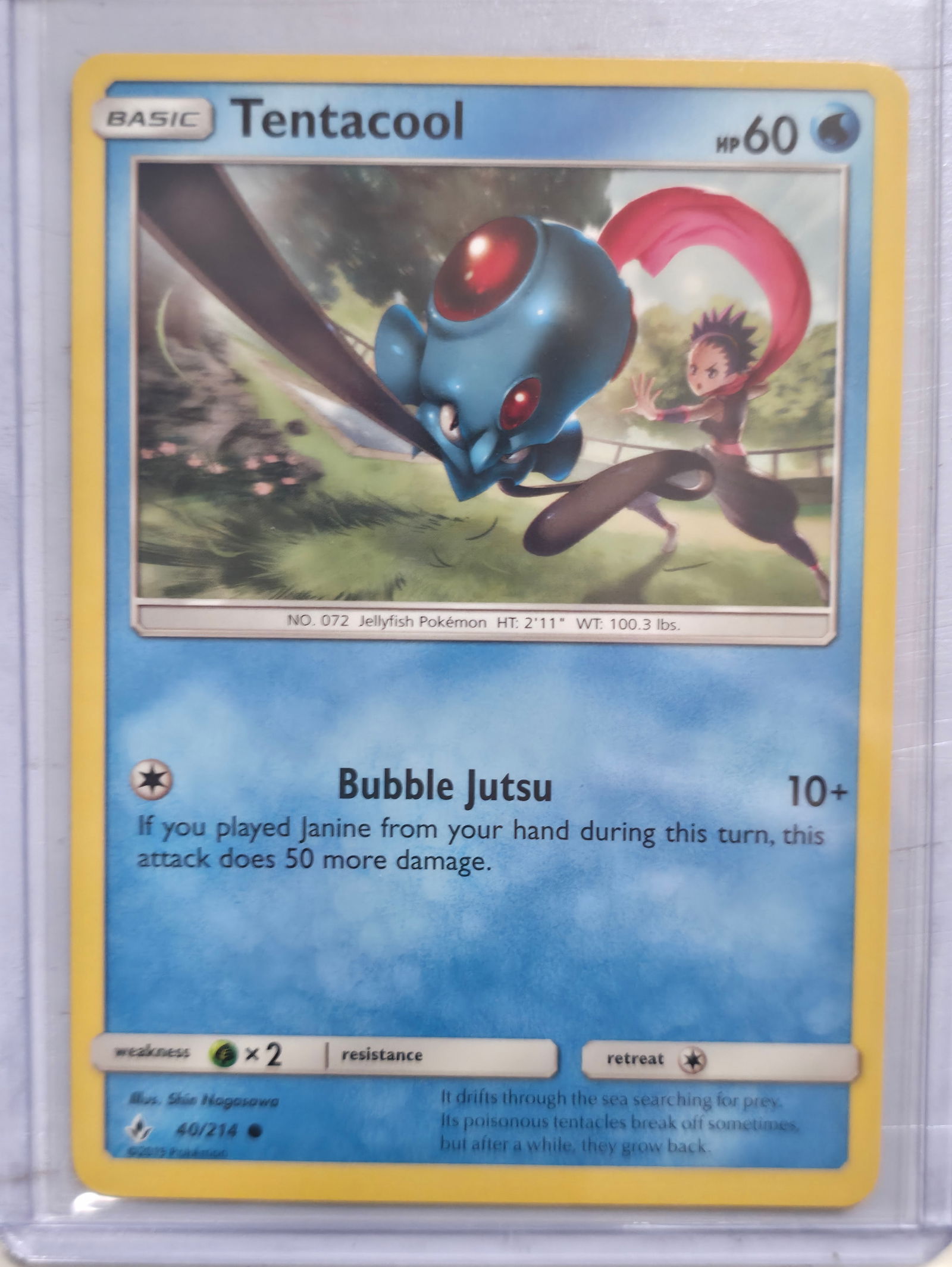 2019 Tentacool Unbroken Bonds 40/214: 2019 Tentacool Basic Water Pokemon. Unbroken Bonds set. Card number 40/214. HP 60. Attack Bubble Jutsu 10+. Illustrated by Shin Nagasawa. Non holo. Preowned card stored in penny sleeve and top
