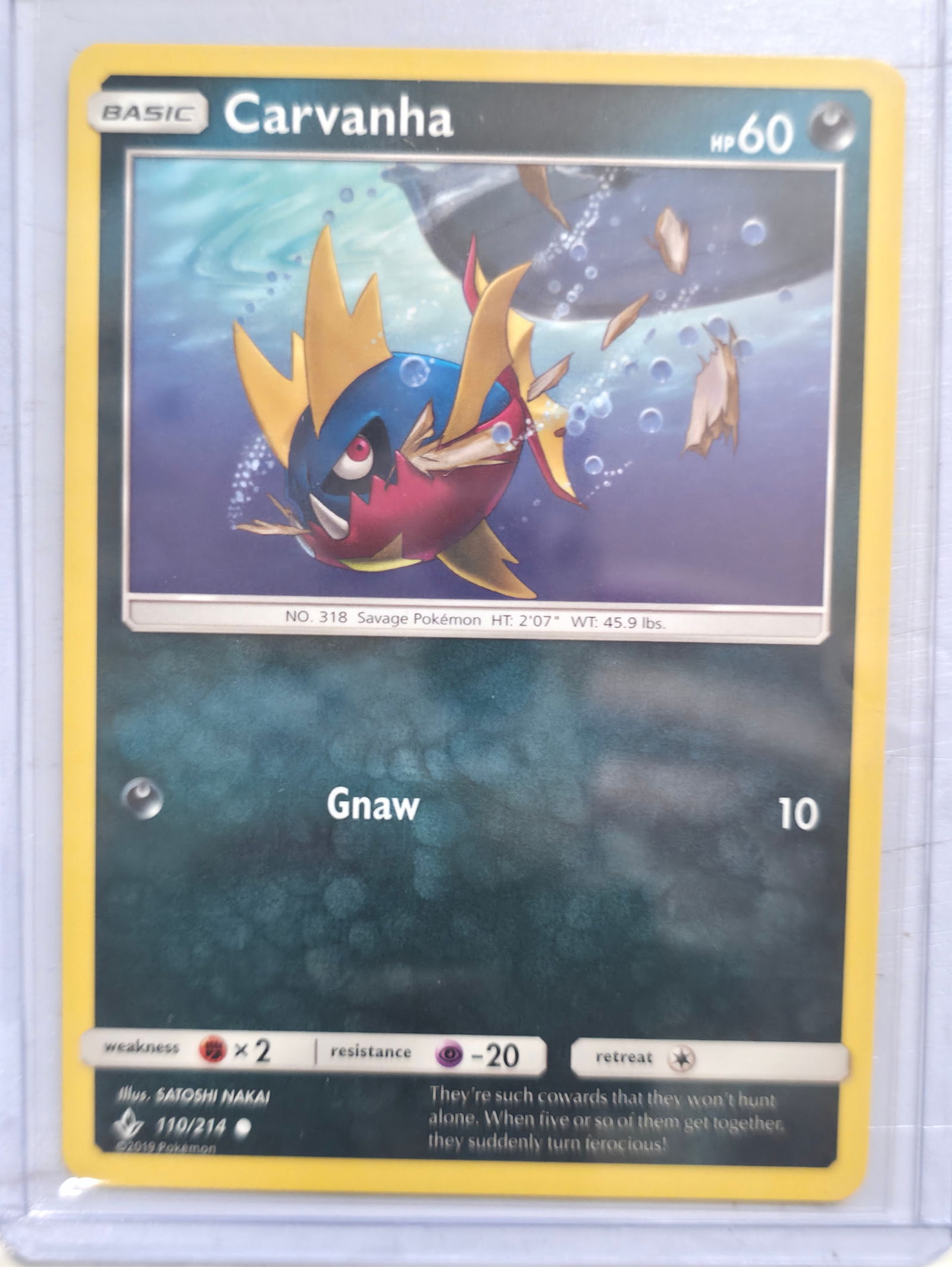 2019 Carvanha Unbroken Bonds 110/214: 2019 Carvanha Basic Darkness Pokemon. Unbroken Bonds set. Card number 110/214. HP 60. Attack Gnaw 10. Illustrated by Satoshi Nakai. Non holo. Preowned card stored in penny sleeve and top loader. Sold