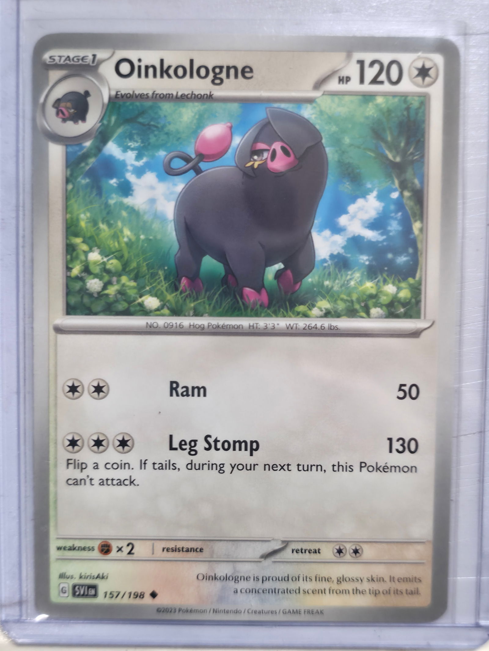 2023 Oinkologne Scarlet and Violet 157/198: 2023 Oinkologne Stage 1 Colorless Pokemon. Scarlet and Violet base set. Card number 157/198. HP 120. Attacks Ram 50 and Leg Stomp 130. Illustrated by kirisAki. Non holo. Preowned card stored in penny