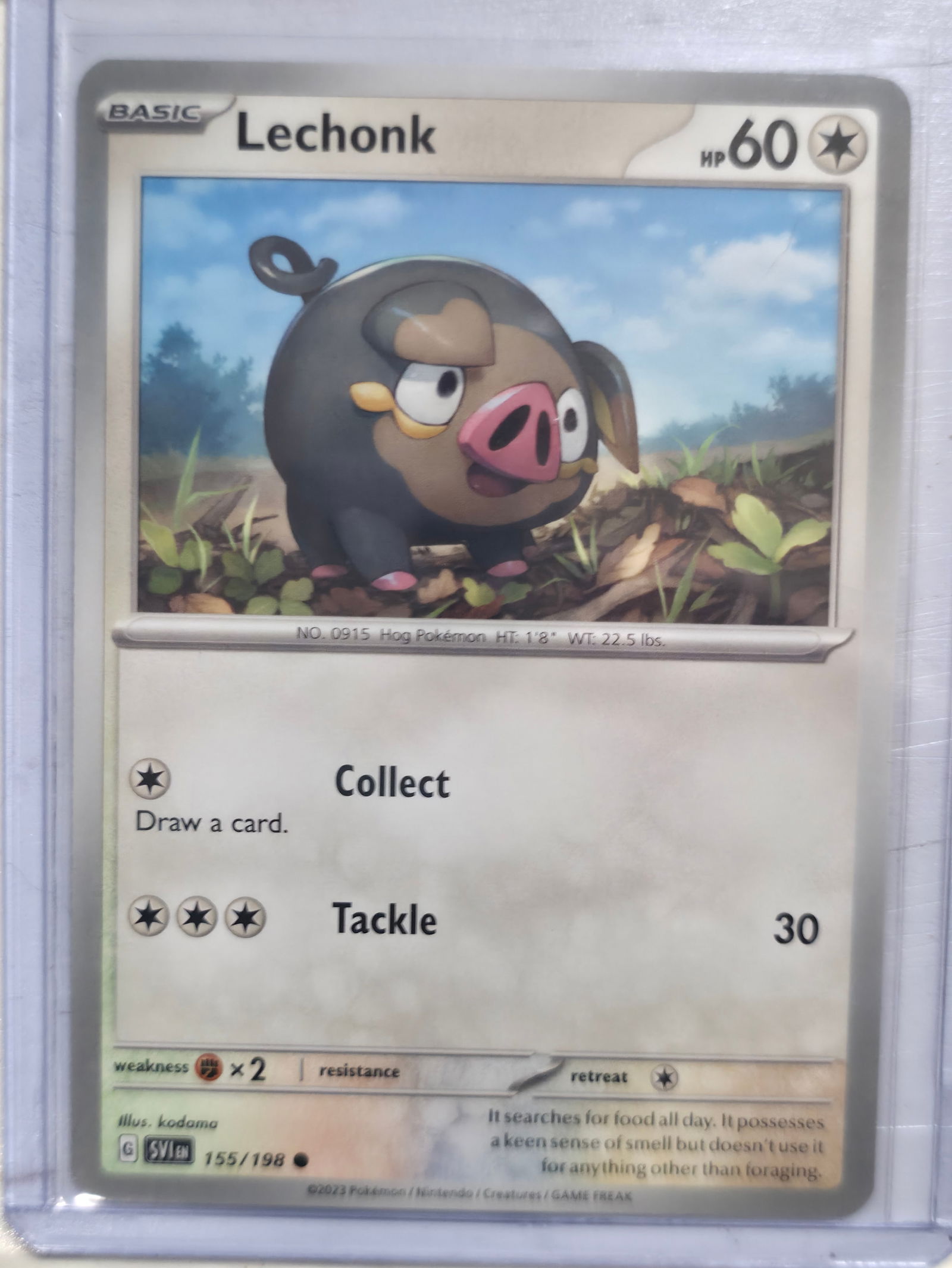 2023 Lechonk Scarlet and Violet 155/198: 2023 Lechonk Basic Colorless Pokemon. Scarlet and Violet base set. Card number 155/198. HP 60. Attacks Collect and Tackle 30. Illustrated by kodama. Non holo. Preowned card stored in penny sleeve and