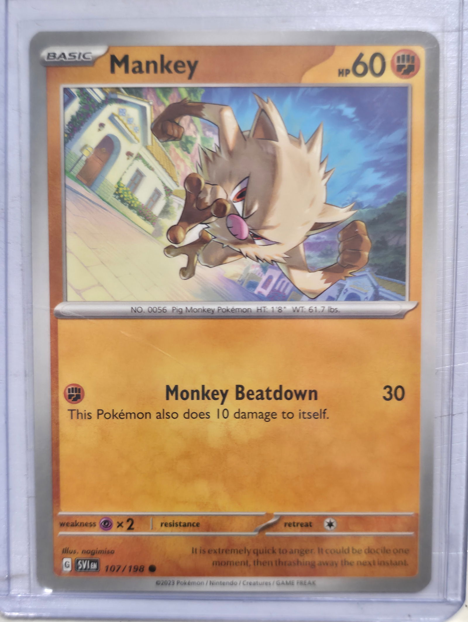 2023 Mankey Scarlet and Violet 107/198: 2023 Mankey Basic Fighting Pokemon. Scarlet and Violet base set. Card number 107/198. HP 60. Attack Monkey Beatdown 30. This Pokemon also does 10 damage to itself. Illustrated by nagimiso. Non holo. P