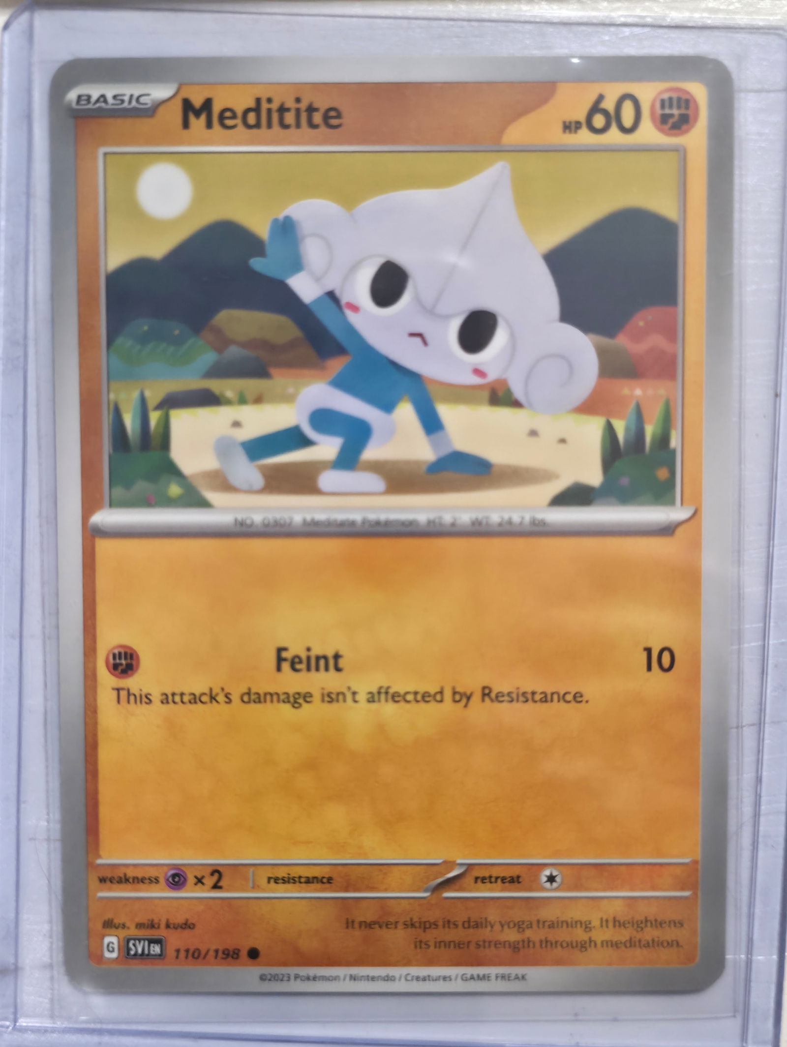 2023 Meditite Scarlet and Violet 110/198: 2023 Meditite Basic Fighting Pokemon. Scarlet and Violet base set. Card number 110/198. HP 60. Attack Feint 10. This attack’s damage isn’t affected by Resistance. Illustrated by miki kudo. Non hol