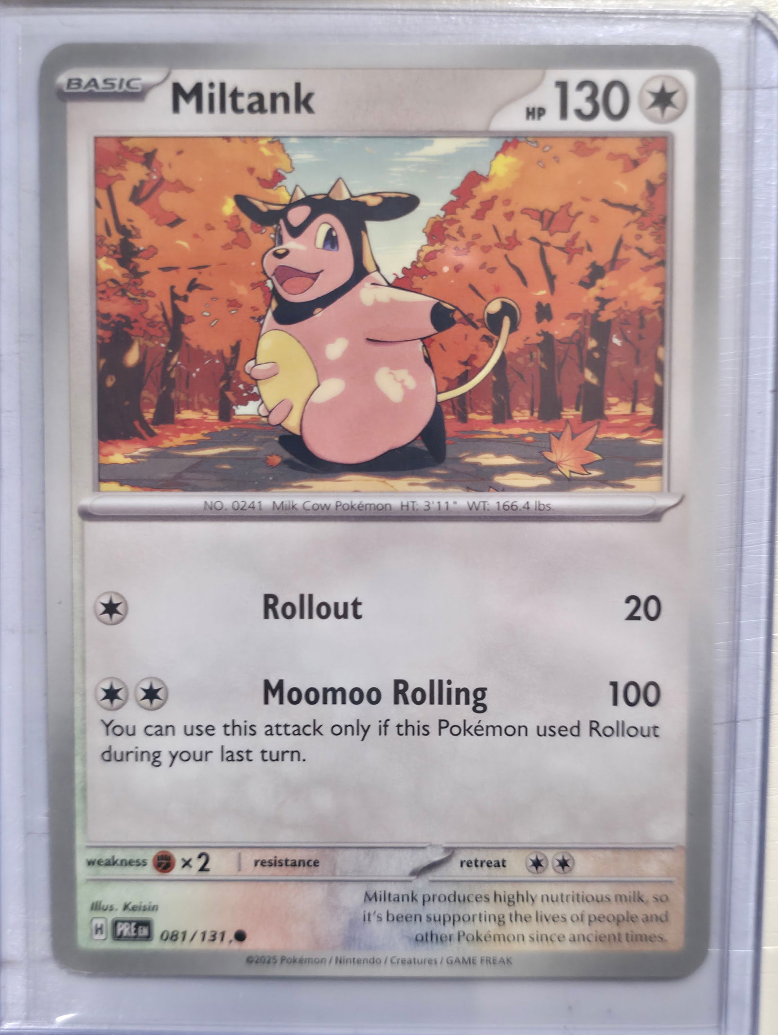 2025 Miltank Prismatic Evolutions 081/131: 2025 Miltank Basic Colorless Pokemon. Prismatic Evolutions set. Card number 081/131. HP 130. Attacks Rollout 20 and Moomoo Rolling 100. Illustrated by Keisin. Non holo. Preowned card stored in penny s
