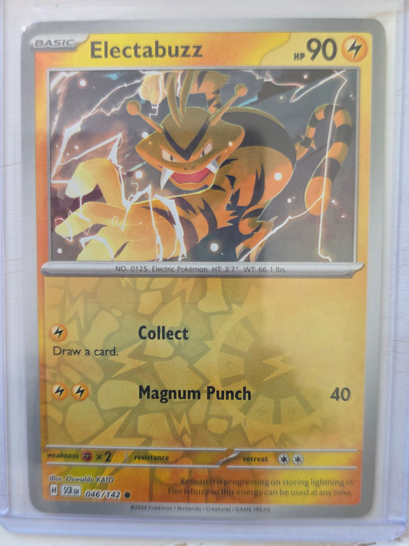 2024 Electabuzz SV Base 046/142 Reverse Holo: 2024 Electabuzz Basic Lightning type Pokemon. Scarlet and Violet Base set. Card number 046/142. HP 90. Attacks Collect and Magnum Punch 40. Reverse holo pattern on card front. Preowned card stored in