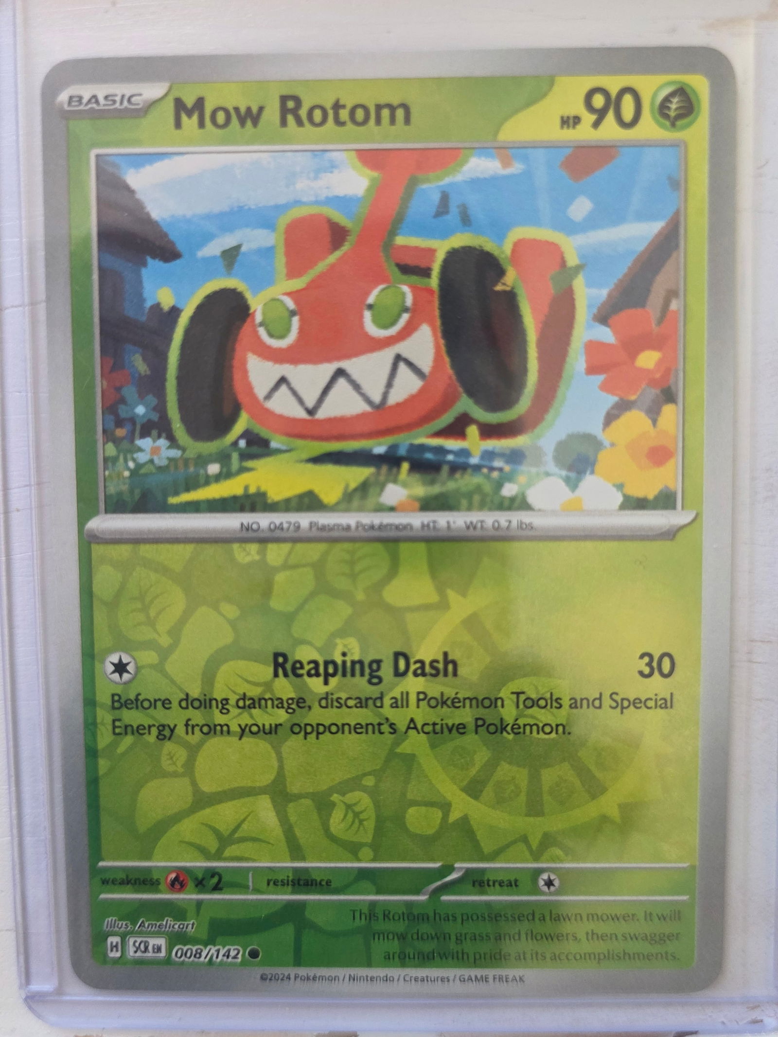 2024 Mow Rotom SV Base 008/142: 2024 Mow Rotom Basic Grass type Pokemon. Scarlet and Violet Base set. Card number 008/142. HP 90. Attack Reaping Dash 30. Non holo card front. Preowned card stored in penny sleeve and top loader. Sold